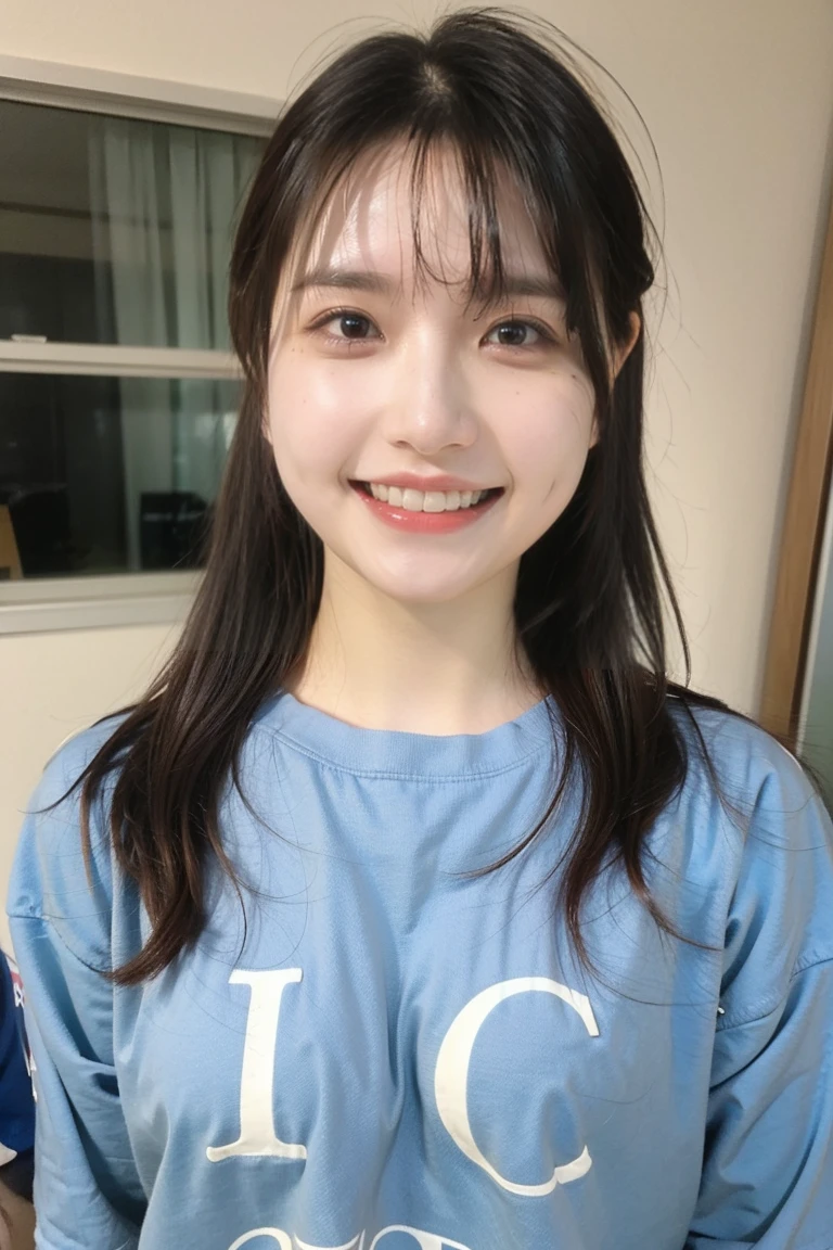 (8k, RAW Photos, highest quality, masterpiece, Realistic, Detailed face, Detailed skin, Center View, Front view, Warm color temperature:1.2), (fat girl, alone:1.5),face up,Beautiful Girl,t-shirt.
