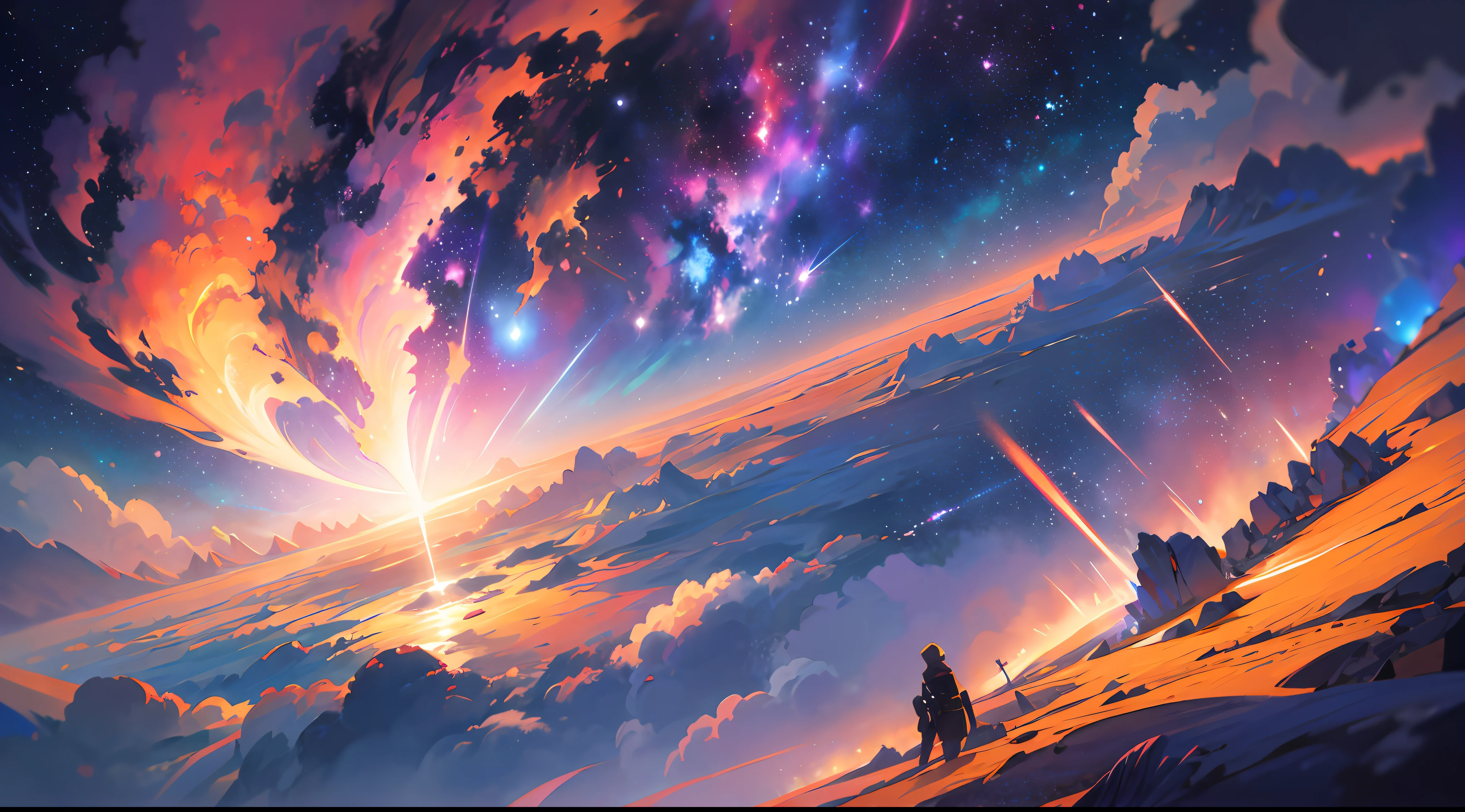 (Dream scenes、estilo suave),las estrellas brillan,Las erupciones solares como tema,Con meteorito cayendo,Warm light and shadow,Medio ambiente al universo、La galaxia es el pilar,The scene details are nebulosae、Dust and oceans,Unirse "campo profundo."" "nebulosa" "disco estelar" "Erupciones solares" "lluvia de meteoros"etc.,Forms a magnificent visual feast。