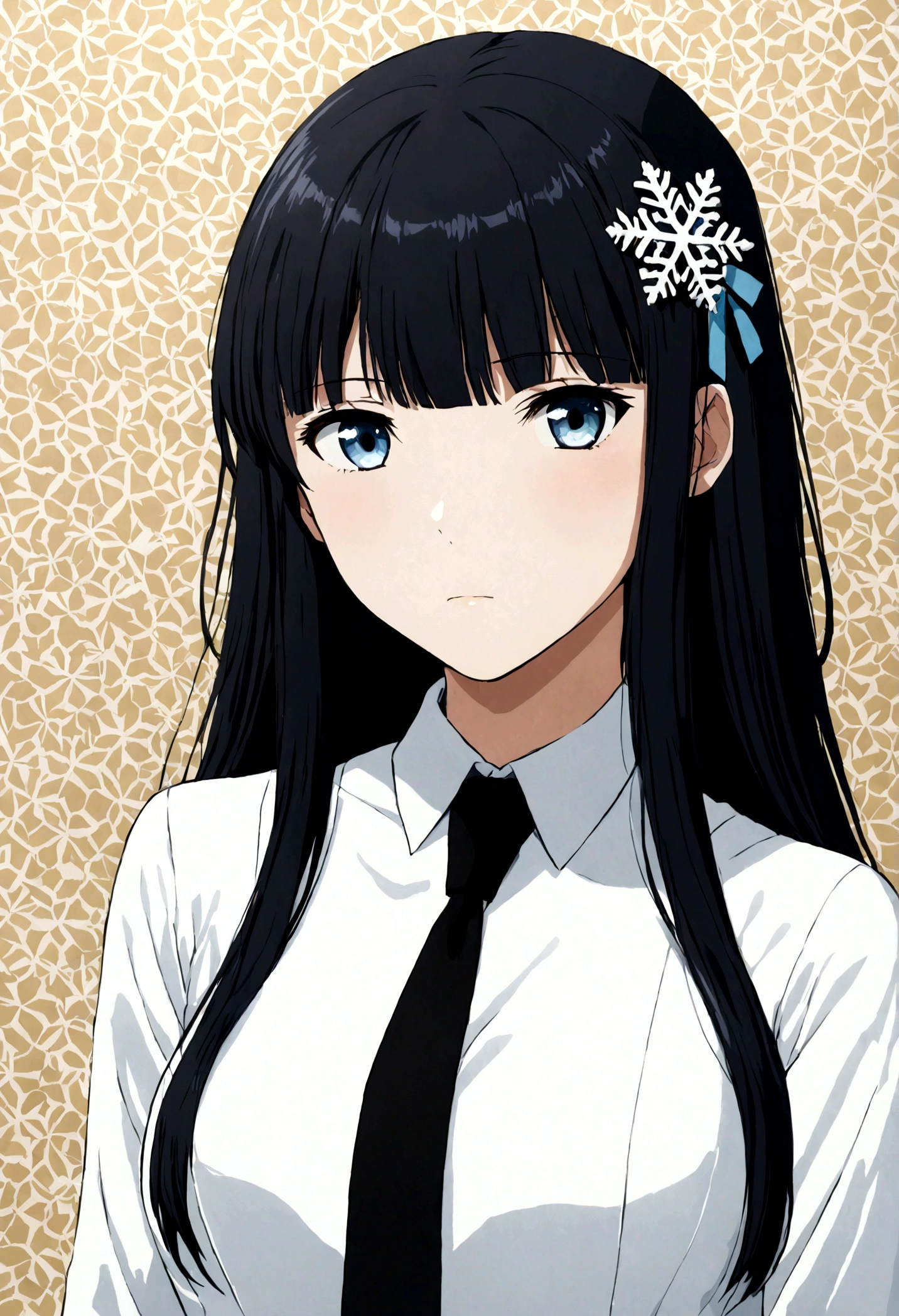 miyuki shiba, long hair, blue eyes, black hair, hair ornament, ribbon, hair ribbon, snowflake hair ornament, bangs, blunt bangs,
long sleeves, dress, , pantyhose, necktie, white dress, black necktie,