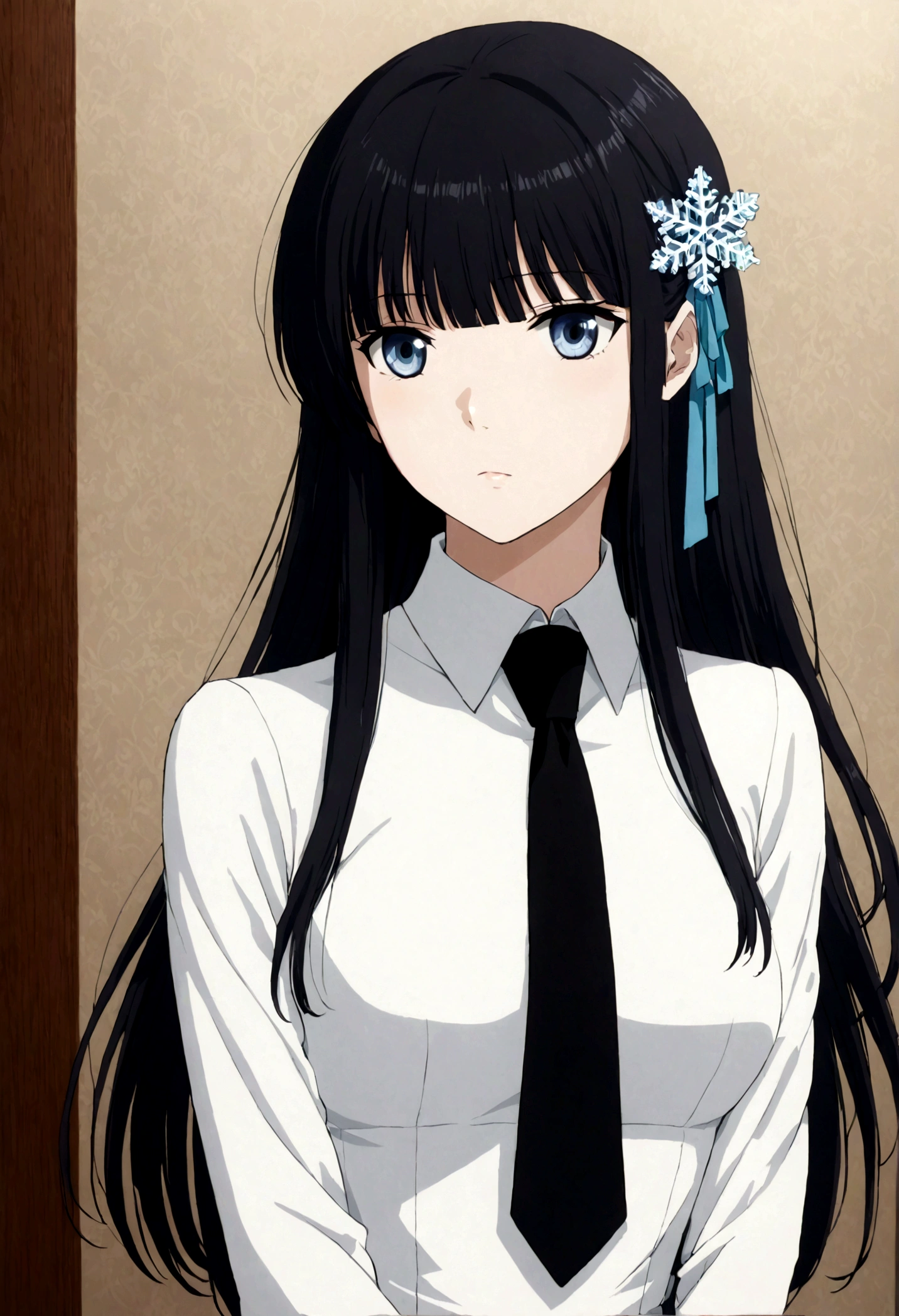 miyuki shiba, long hair, blue eyes, black hair, hair ornament, ribbon, hair ribbon, snowflake hair ornament, bangs, blunt bangs,
long sleeves, dress, , pantyhose, necktie, white dress, black necktie,