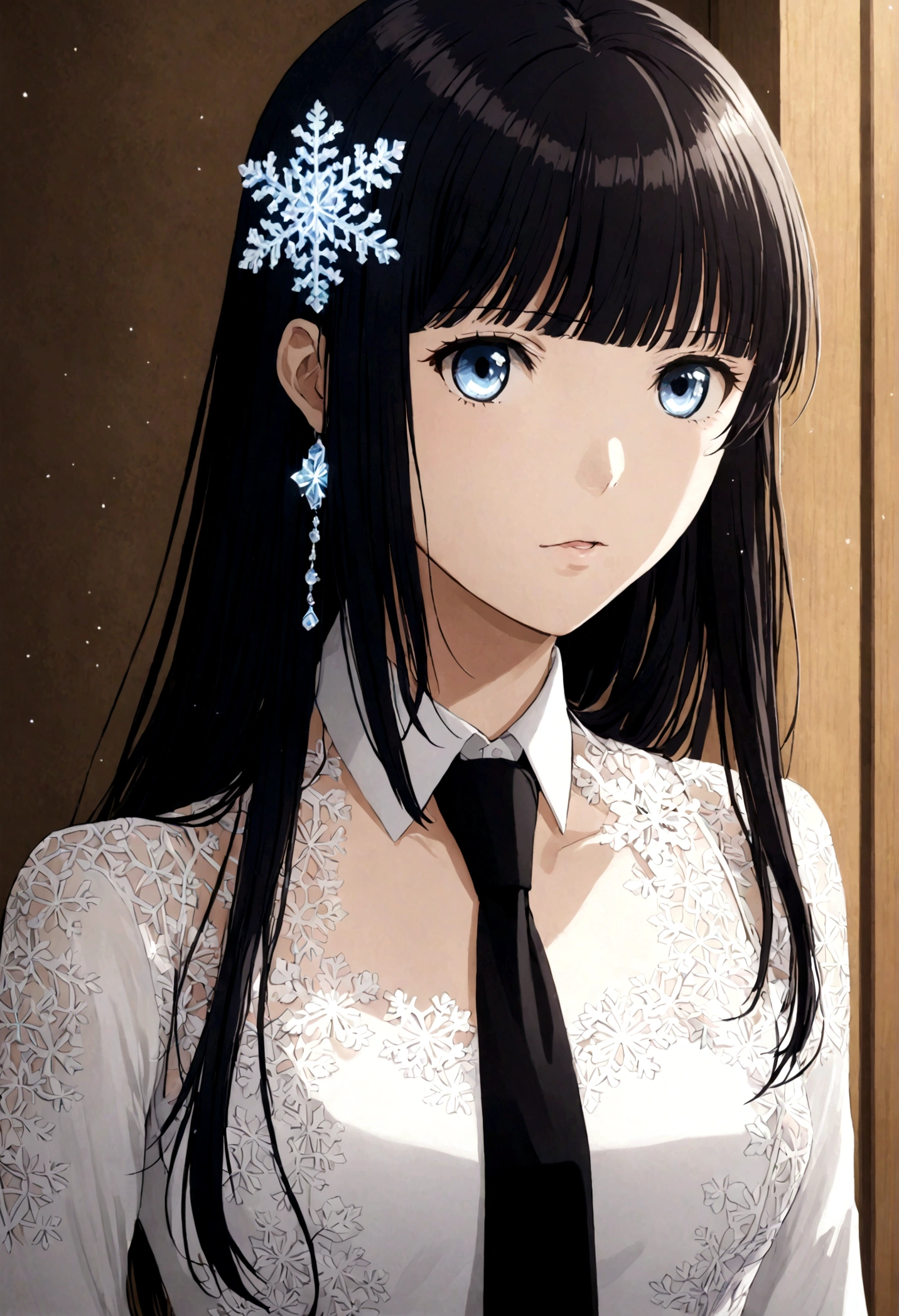 miyuki shiba, long hair, blue eyes, black hair, hair ornament, ribbon, hair ribbon, snowflake hair ornament, bangs, blunt bangs,
long sleeves, dress, , pantyhose, necktie, white dress, black necktie,