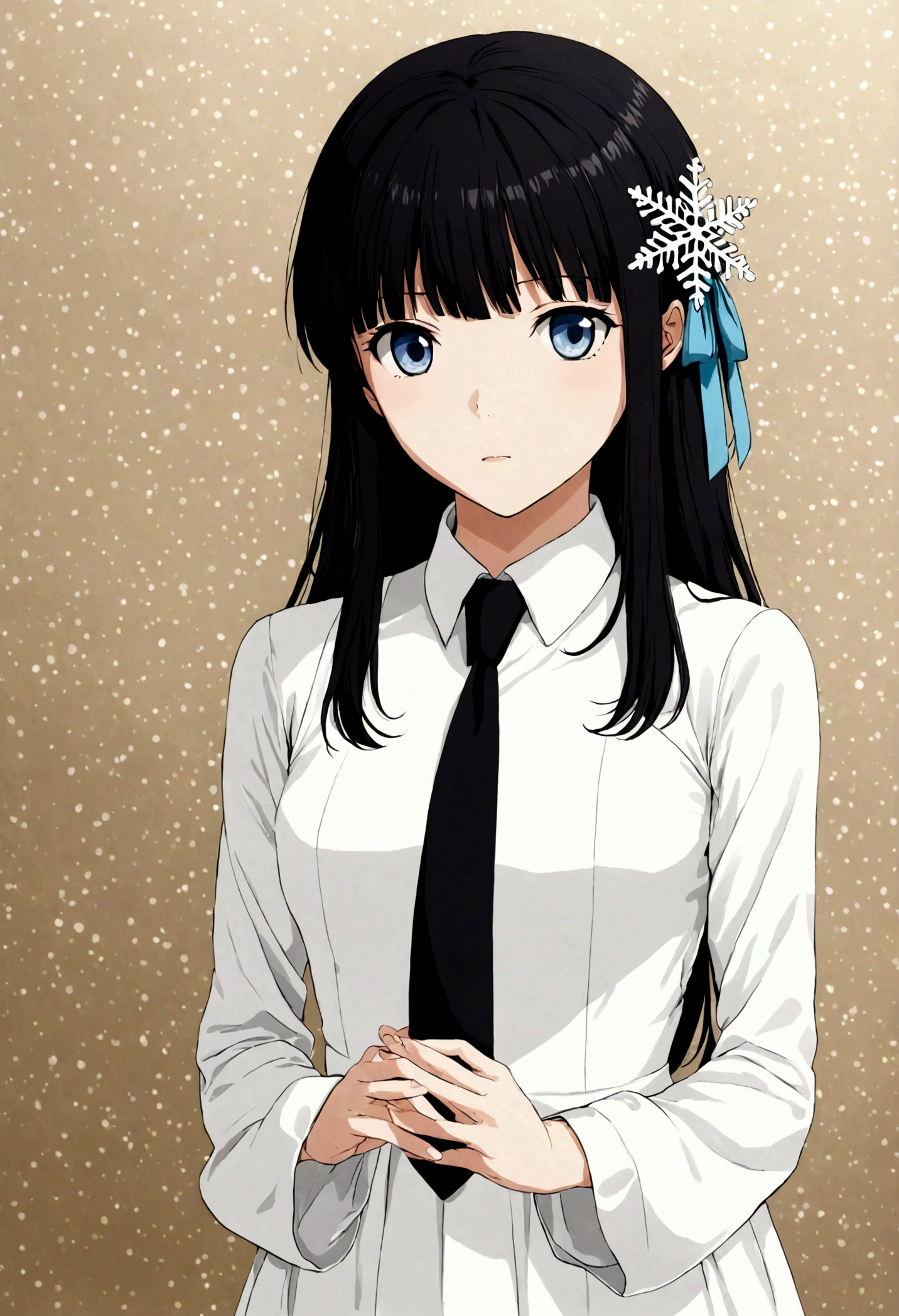 miyuki shiba, long hair, blue eyes, black hair, hair ornament, ribbon, hair ribbon, snowflake hair ornament, bangs, blunt bangs,
long sleeves, dress, , pantyhose, necktie, white dress, black necktie,