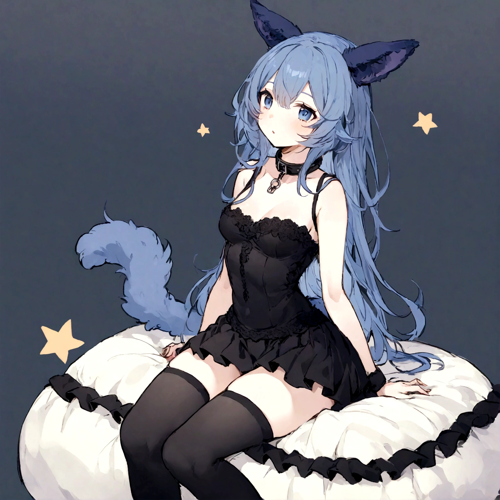 a sexy female with long blue hair, has forward flopping fuzzy puppy ears, has a puppy tail, wearing a black corset, wearing a black mini skirt, has a dark blue dog collar on, wearing cute thigh high socks, relaxing on knees, solo, alone, (SOLO)ALONE), no dogs, single girl, on knees, on a dog bed