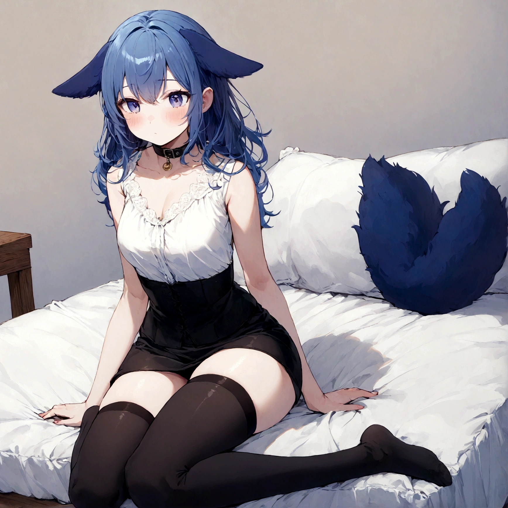 a sexy female with long blue hair, has forward flopping fuzzy puppy ears, has a puppy tail, wearing a black corset, wearing a black mini skirt, has a dark blue dog collar on, wearing cute thigh high socks, relaxing on knees, solo, alone, (SOLO)ALONE), no dogs, single girl, on knees, on a dog bed