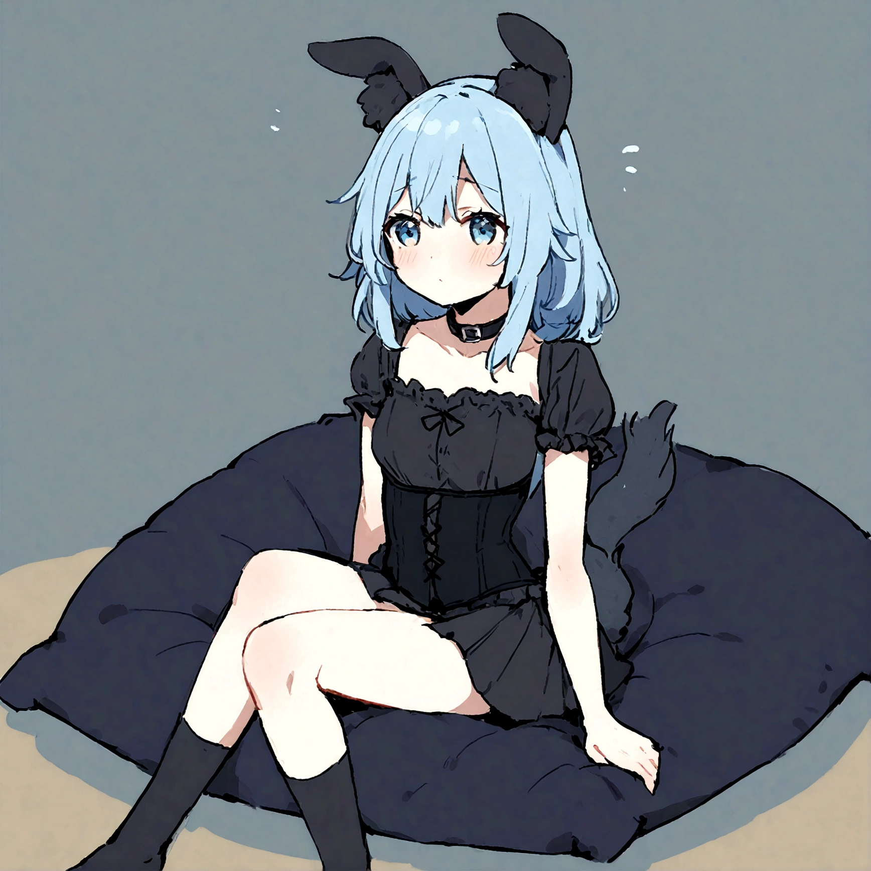 a sexy female with long blue hair, has forward flopping fuzzy puppy ears, has a puppy tail, wearing a black corset, wearing a black mini skirt, has a dark blue dog collar on, wearing cute thigh high socks, relaxing on knees, solo, alone, (SOLO)ALONE), no dogs, single girl, on knees, on a dog bed