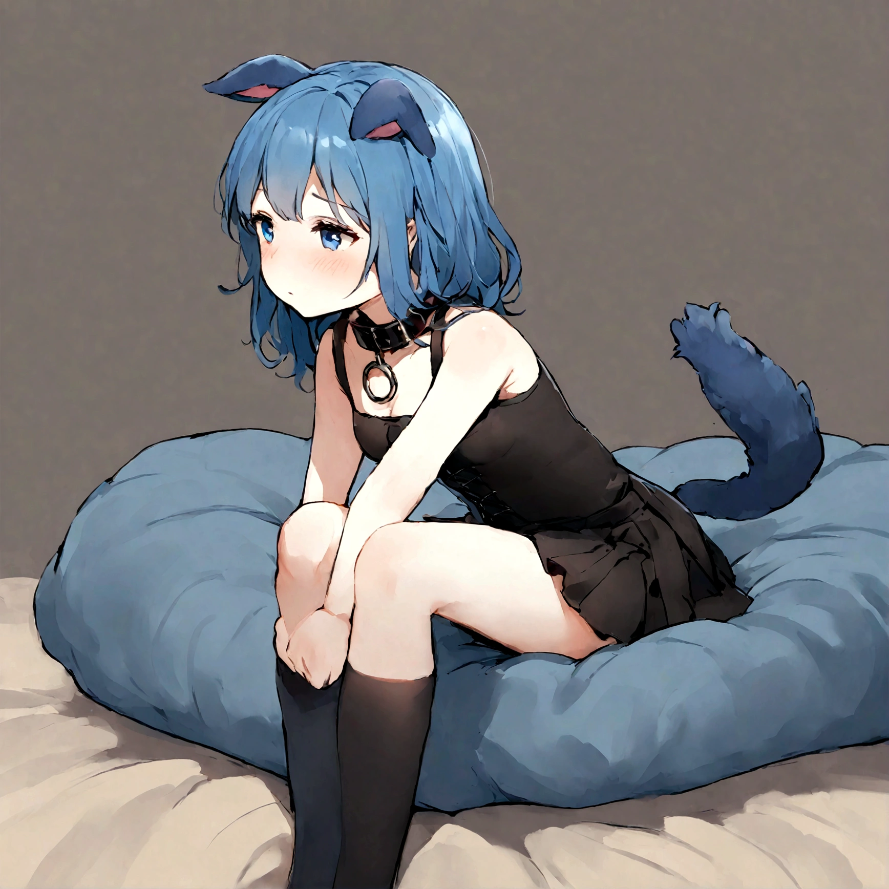 a sexy female with long blue hair, has forward flopping fuzzy puppy ears, has a puppy tail, wearing a black corset, wearing a black mini skirt, has a dark blue dog collar on, wearing cute thigh high socks, relaxing on knees, solo, alone, (SOLO)ALONE), no dogs, single girl, on knees, on a dog bed