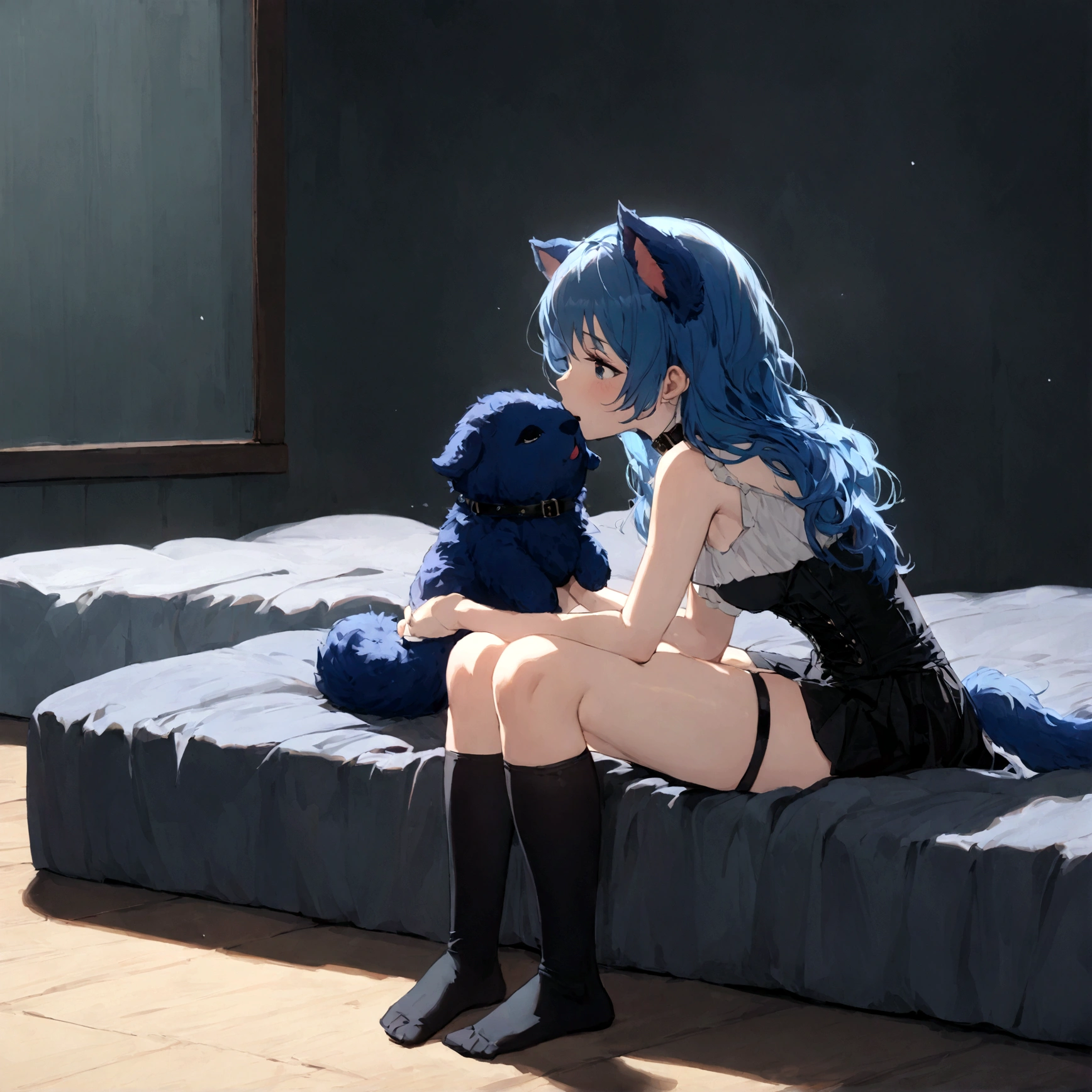 a sexy female with long blue hair, has forward flopping fuzzy puppy ears, has a puppy tail, wearing a black corset, wearing a black mini skirt, has a dark blue dog collar on, wearing cute thigh high socks, relaxing on knees, solo, alone, (SOLO)ALONE), no dogs, single girl, on knees, on a dog bed