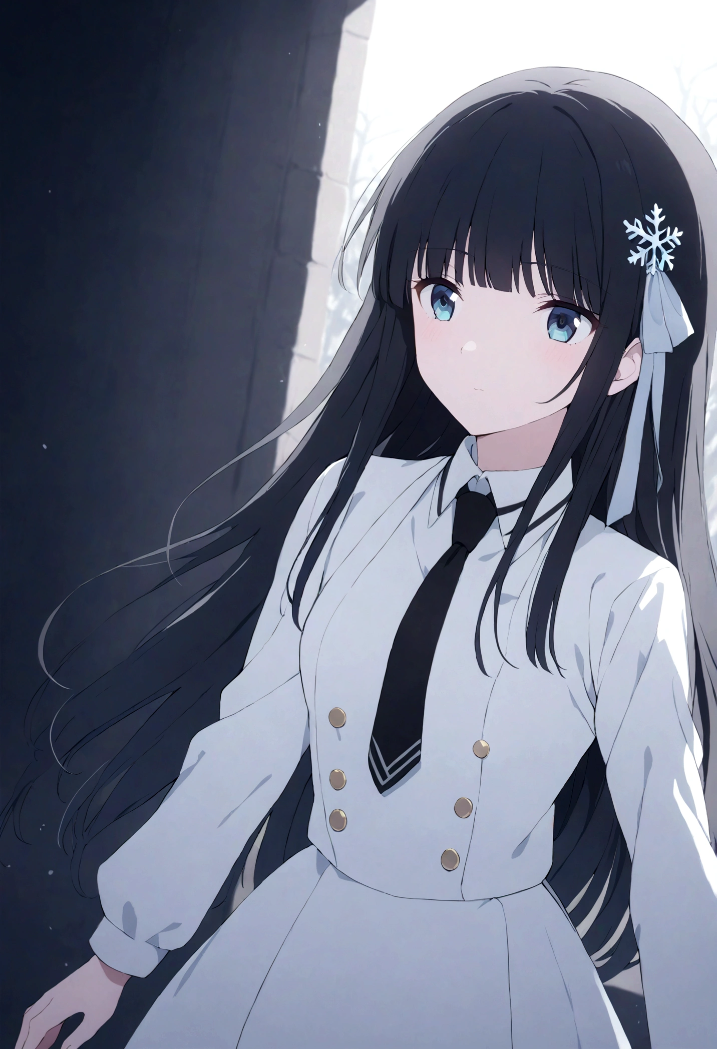 miyuki shiba, long hair, blue eyes, black hair, hair ornament, ribbon, hair ribbon, snowflake hair ornament, bangs, blunt bangs,
long sleeves, dress, , pantyhose, necktie, white dress, black necktie,