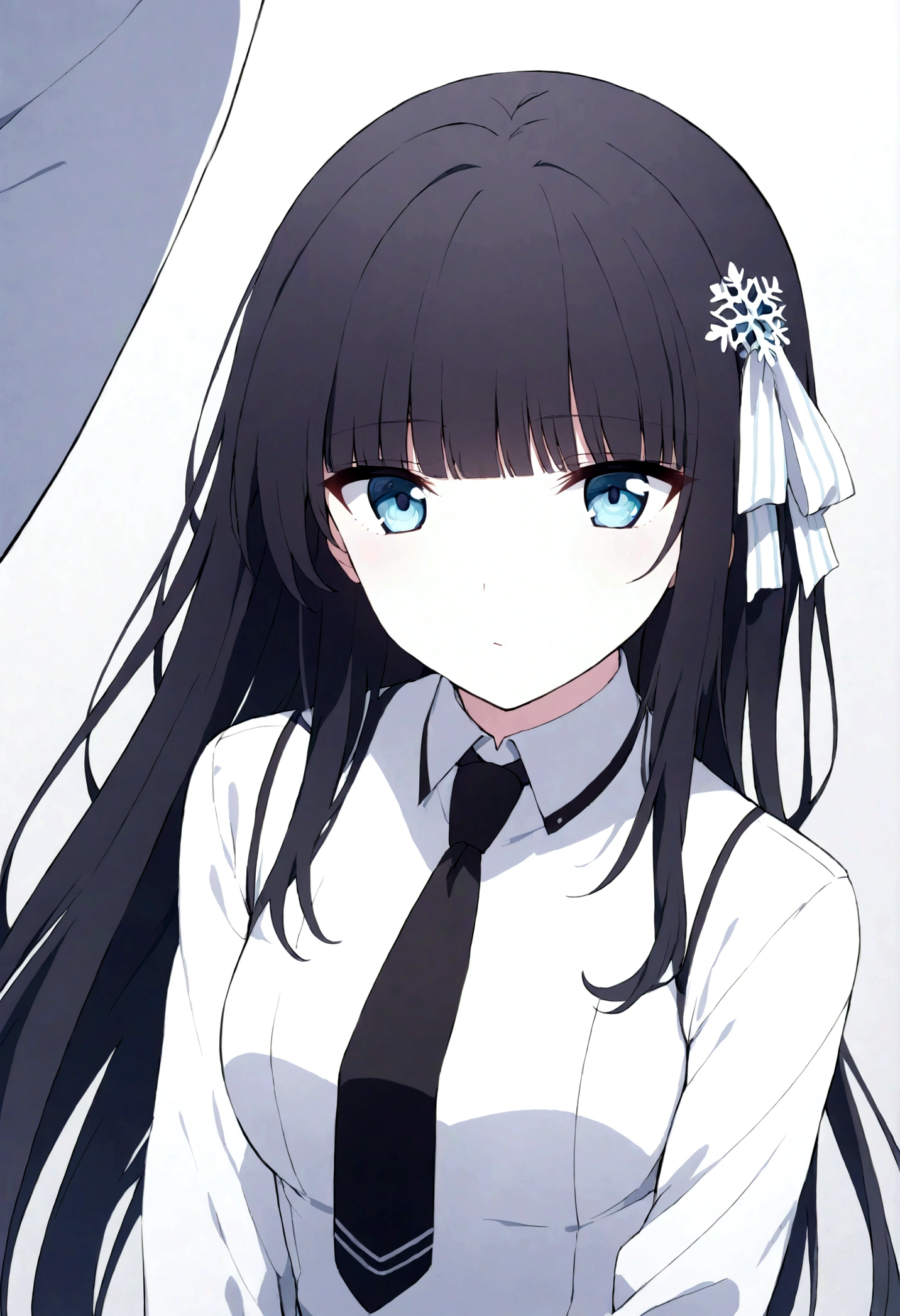 miyuki shiba, long hair, blue eyes, black hair, hair ornament, ribbon, hair ribbon, snowflake hair ornament, bangs, blunt bangs,
long sleeves, dress, , pantyhose, necktie, white dress, black necktie,