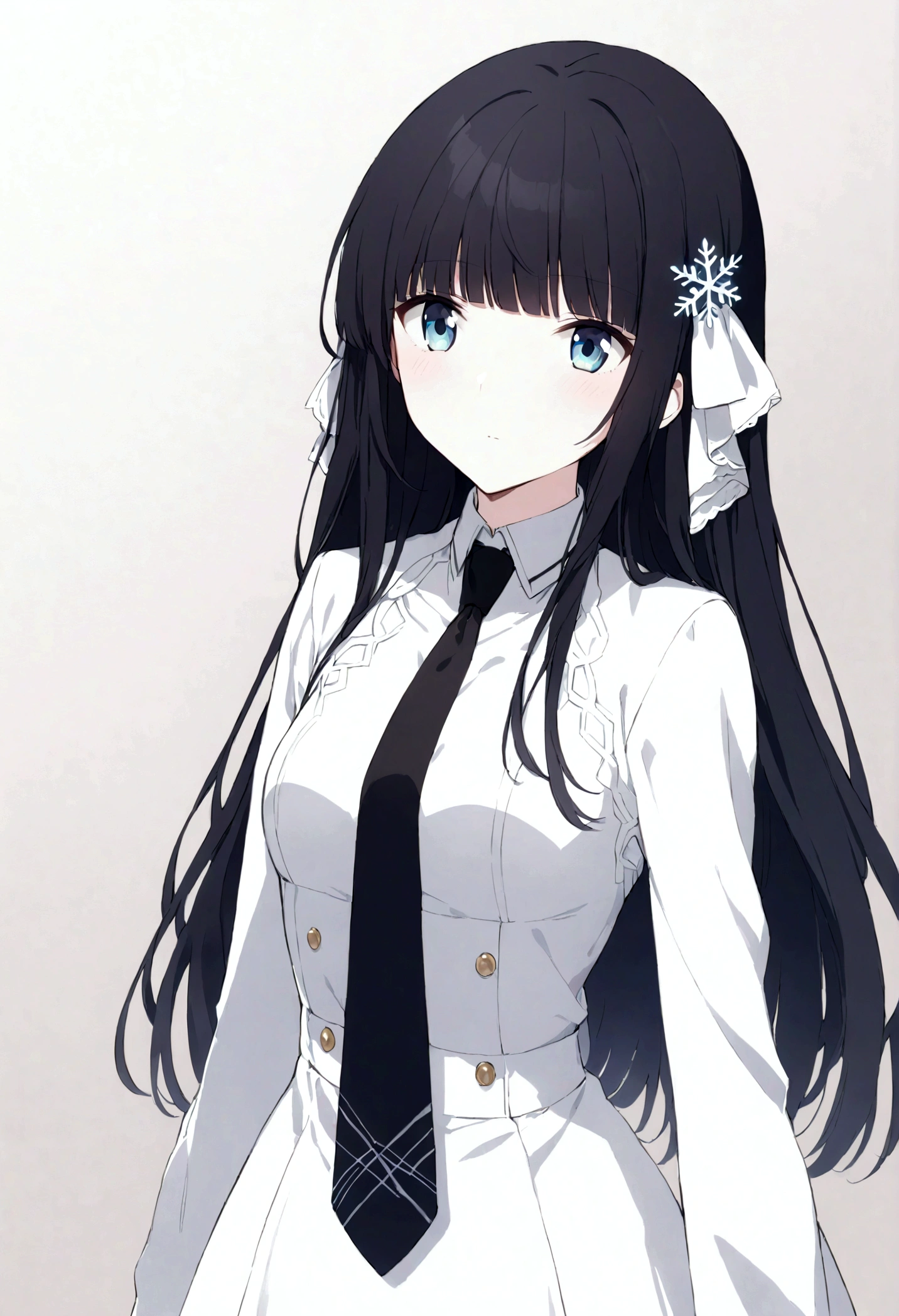 miyuki shiba, long hair, blue eyes, black hair, hair ornament, ribbon, hair ribbon, snowflake hair ornament, bangs, blunt bangs,
long sleeves, dress, , pantyhose, necktie, white dress, black necktie,