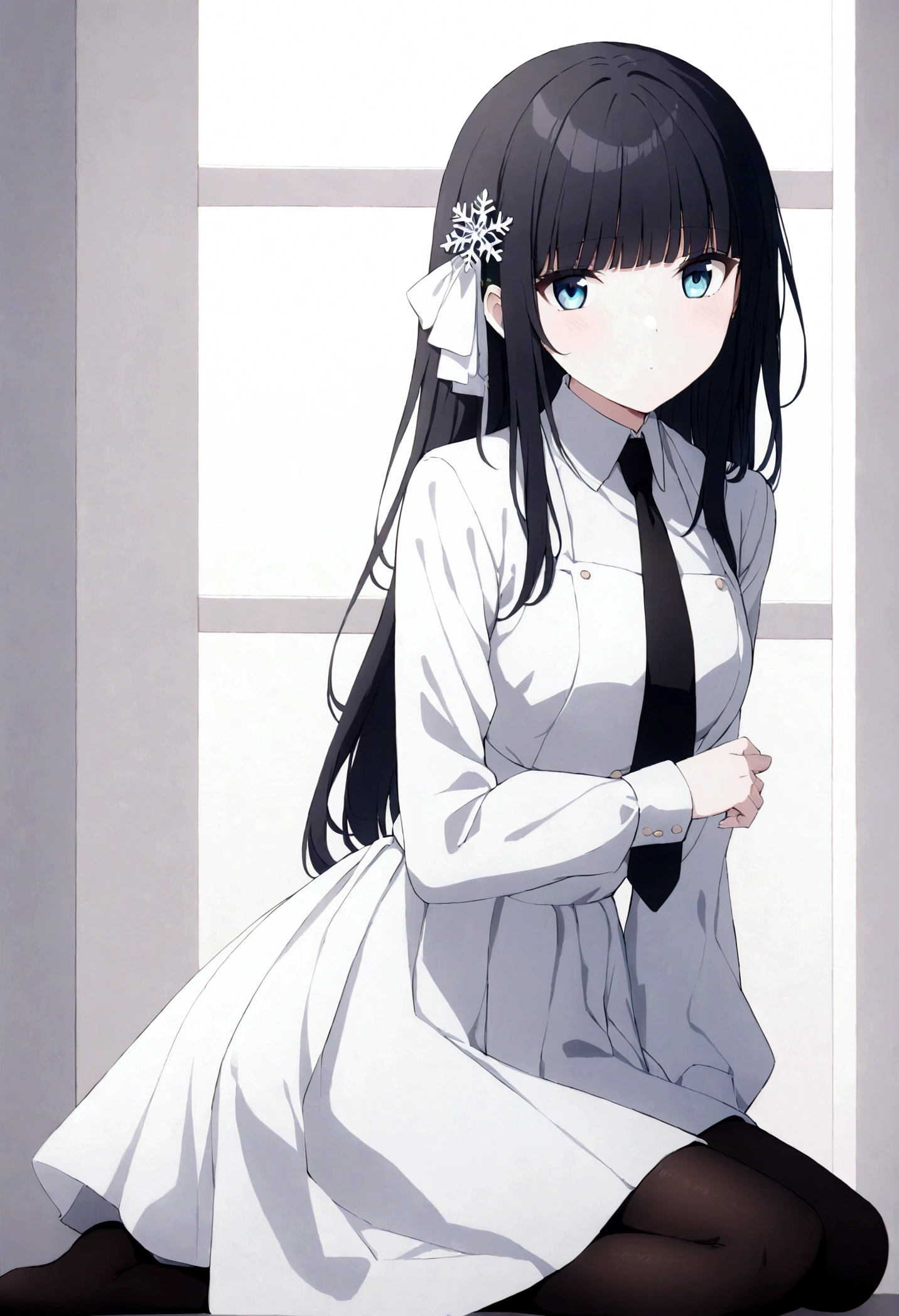 miyuki shiba, long hair, blue eyes, black hair, hair ornament, ribbon, hair ribbon, snowflake hair ornament, bangs, blunt bangs,
long sleeves, dress, , pantyhose, necktie, white dress, black necktie,