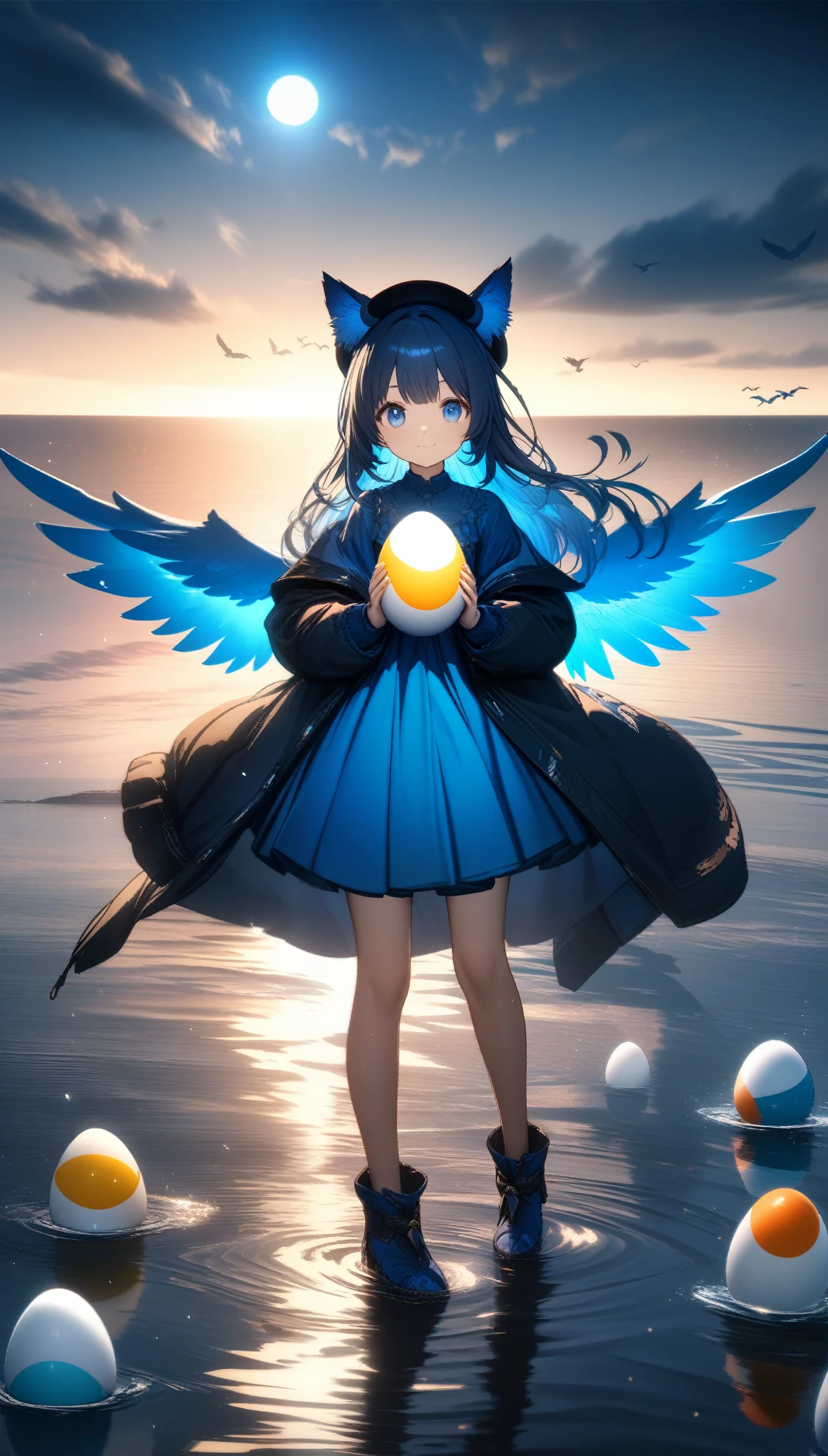 32k, best quality, ultra high res, HDR, UHD, extremely detailed CG, unity 32k wallpaper, A dark, futuristic, silhouetted figure of a girl with cat ears and a long, flowing coat, holding a massive scythe with a mechanical cat integrated into the blade, standing on a reflective surface with a minimalist, light gray background. --ar 4:3 --stylize 600 --niji 6, 32k, best quality, ultra high res, HDR, UHD, extremely detailed CG, unity 32k wallpaper, A world full of eggs, 18-year-old, Holding a rainbow-colored egg in both hands, Very cute girl, Blue Hair, Long Hair, blue eyes, A beautiful and cute blue dress, from the front, A very beautiful sea background, Standing on the water, Particles that glow blue, bird, cloud, Egg with wings, Close your mouth and smile happily, A cute hat with blue feathers, (wing), sun,
