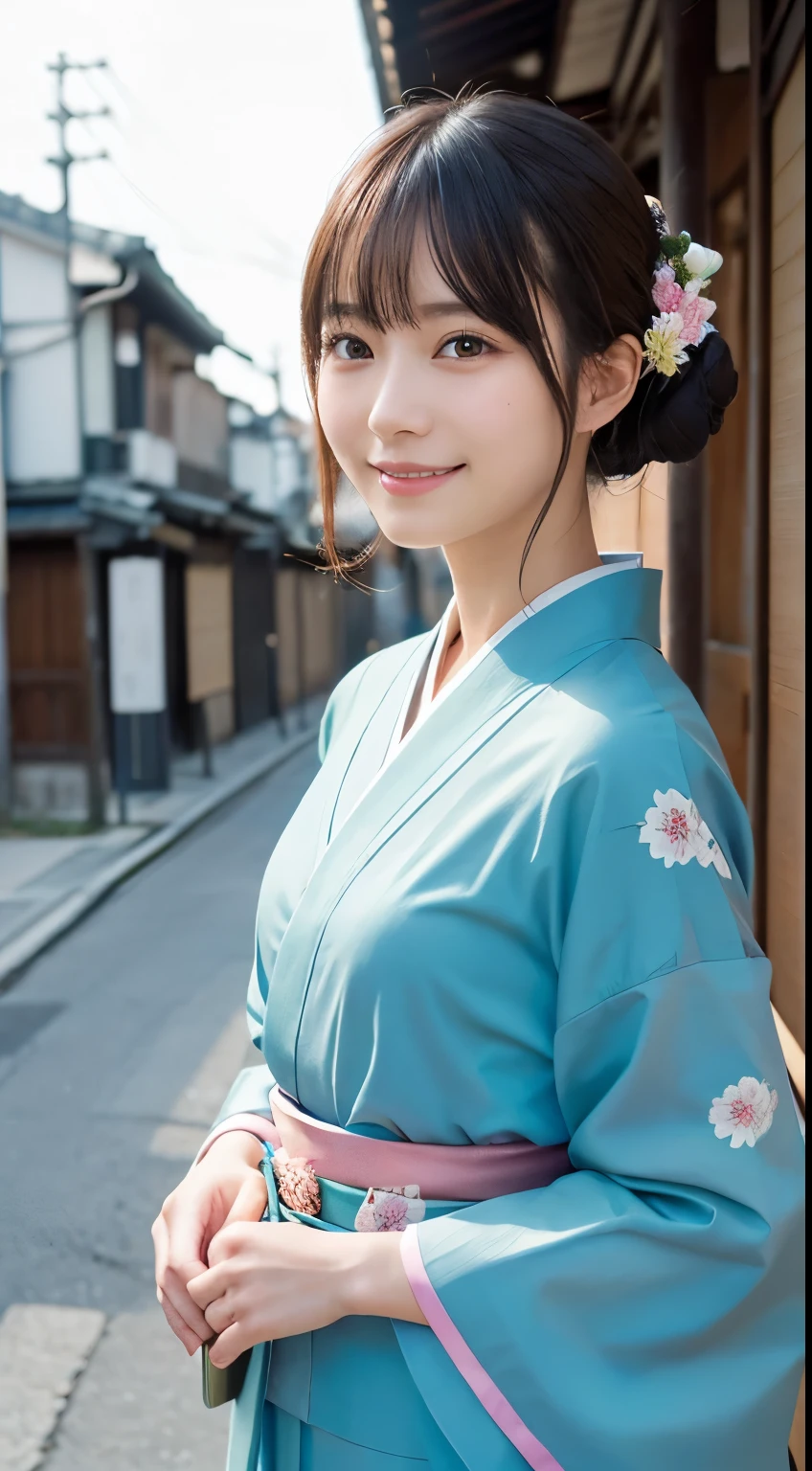 Professional Lighting,(Photorealistic:1.4), (Top image quality:1.0), (超A high resolution:1.0), 8k, Raw photography, (masterpiece:0.2), (Facing the children_v1:0.5)、(最高quality Detail:1.2)、Realistic、8K Ultra HD、High resolution、(1 girl:1.2)、超detailedな、High quality textures、複雑なdetailed、detailed、Very detailed CG、High quality shadows、detailed 美しく繊細な顔、Beautiful details and a delicate eye、(Symmetrical eyes:1.2),Written boundary depth、Ray Tracing,1 girl, Japanese Girls, (Natural smile:1.4),cute, thin, Portrait of a beautiful Japanese woman in a kimono, Standing elegantly on a street corner in Kyoto. Kimono with vibrant traditional patterns, Hair decorated with elegant and delicate hairpins, Gentle expression. (With the old streets of Kyoto in the background:1.4)、The soft light of a spring afternoon、Adding tranquility to the scene. Rendered in a Realistic style with great attention to detail, High resolutionの画像.Sky Porn, Magic Hour, (Realistic:1.3), finely, quality, (Tabletop:1.2), (Realistic:1.2), (最高quality), (複雑なdetailed), dramatic, Ray Tracing, photograph, +roller