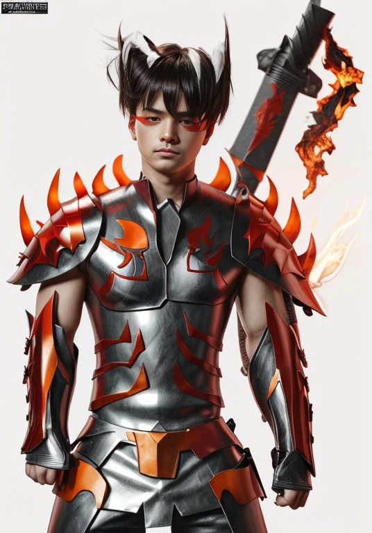 (ultra realistic,32k, masterpiece:1.2),(high detailed skin:1.1),( high quality:1.1),
1boy,(caucasian european), black hair, with cyberpunk samurai armor, cute, 18 years old, european caucasian), beautiful decourations, 8k, uhd, masterpiece, katana in the back, kanjis, (metal black armor with red and orange decourations), fire themed armor, light effects