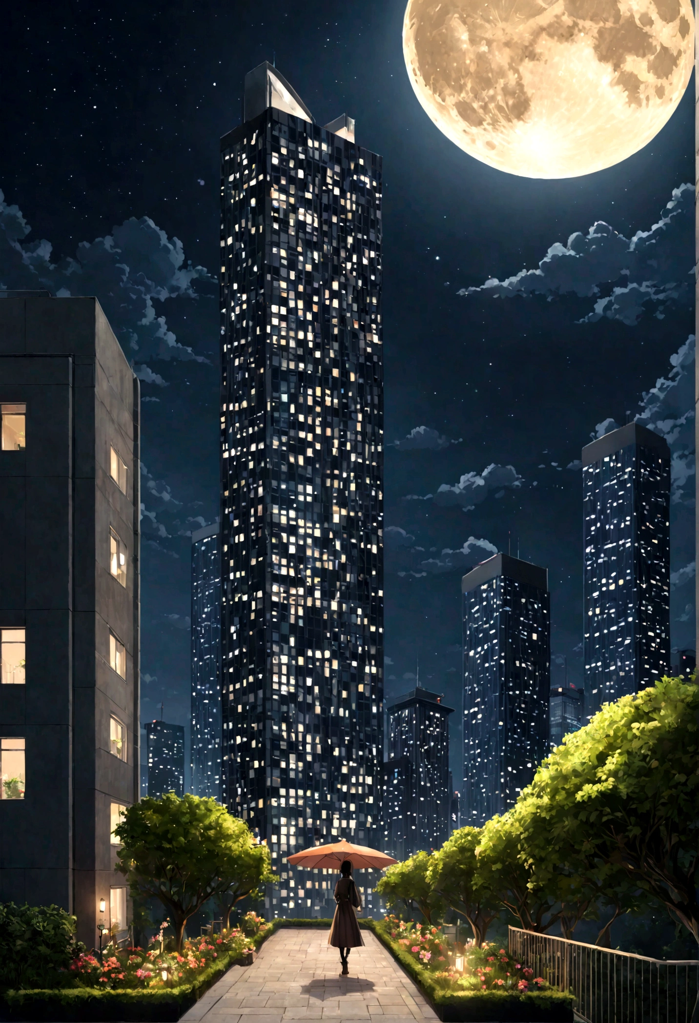 (Pretty sister:1.3)、Super detailed、Spring atmosphere、night、aggressive、garden、full moon、skyscraper