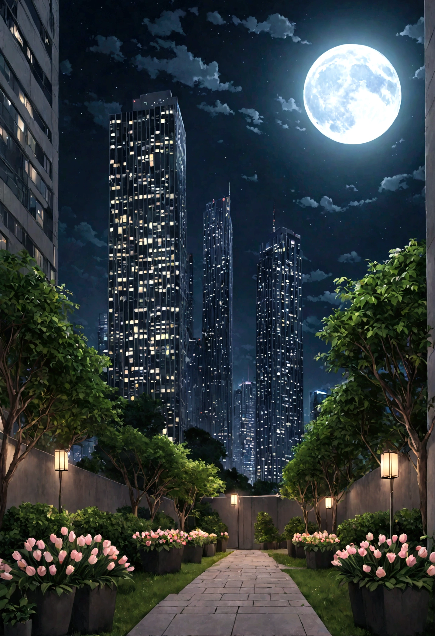 (Pretty sister:1.3)、Super detailed、Spring atmosphere、night、aggressive、garden、full moon、skyscraper