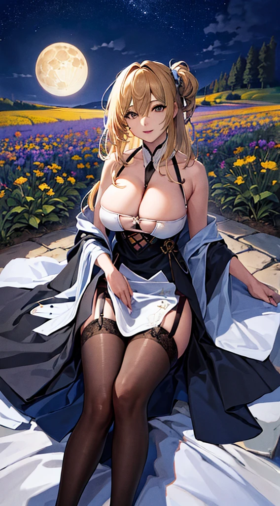 masterpiece, high quality, 4K, Beautiful design, silhouette，blonde， 非常に詳細な夜のStarry Sky,Flower Field， wonderful, Finer details,  Very knowledgeable woman,Devil Highly detailed solo, 1 female,Big Breasts，camisole，mini skirt，garter belt，Night view，Starry Sky，full moon，