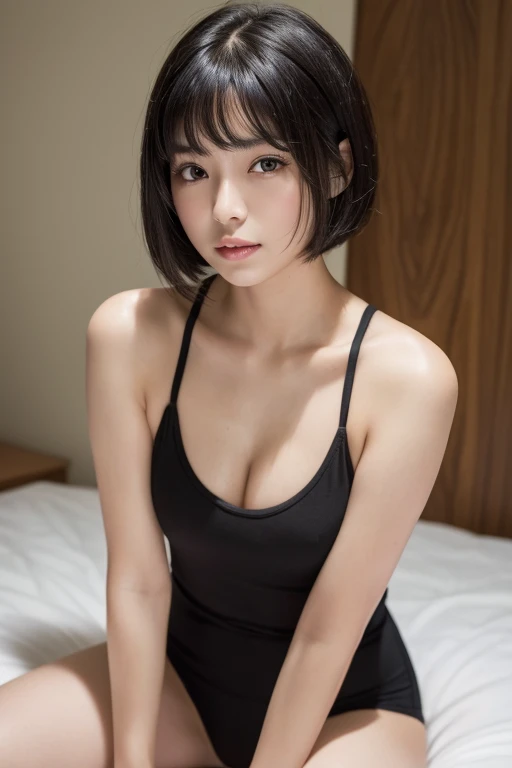 (High resolution:1.3), (16k, Photorealistic, Raw photo, Best image quality: 1.4), Japanese, (One Girl), Beautiful Face, (A vivid face), (Black-haired、short hair:1.3), Beautiful Hairstyles, Realistic eyes, Beautifully detailed eyes, (Realistic Skin), Beautiful skins, attractive, 超A high resolution, Surreal, High detail, Golden Ratio, Highly detailed cute girl,(20-year-old), (poontang:1.5), thigh, bed