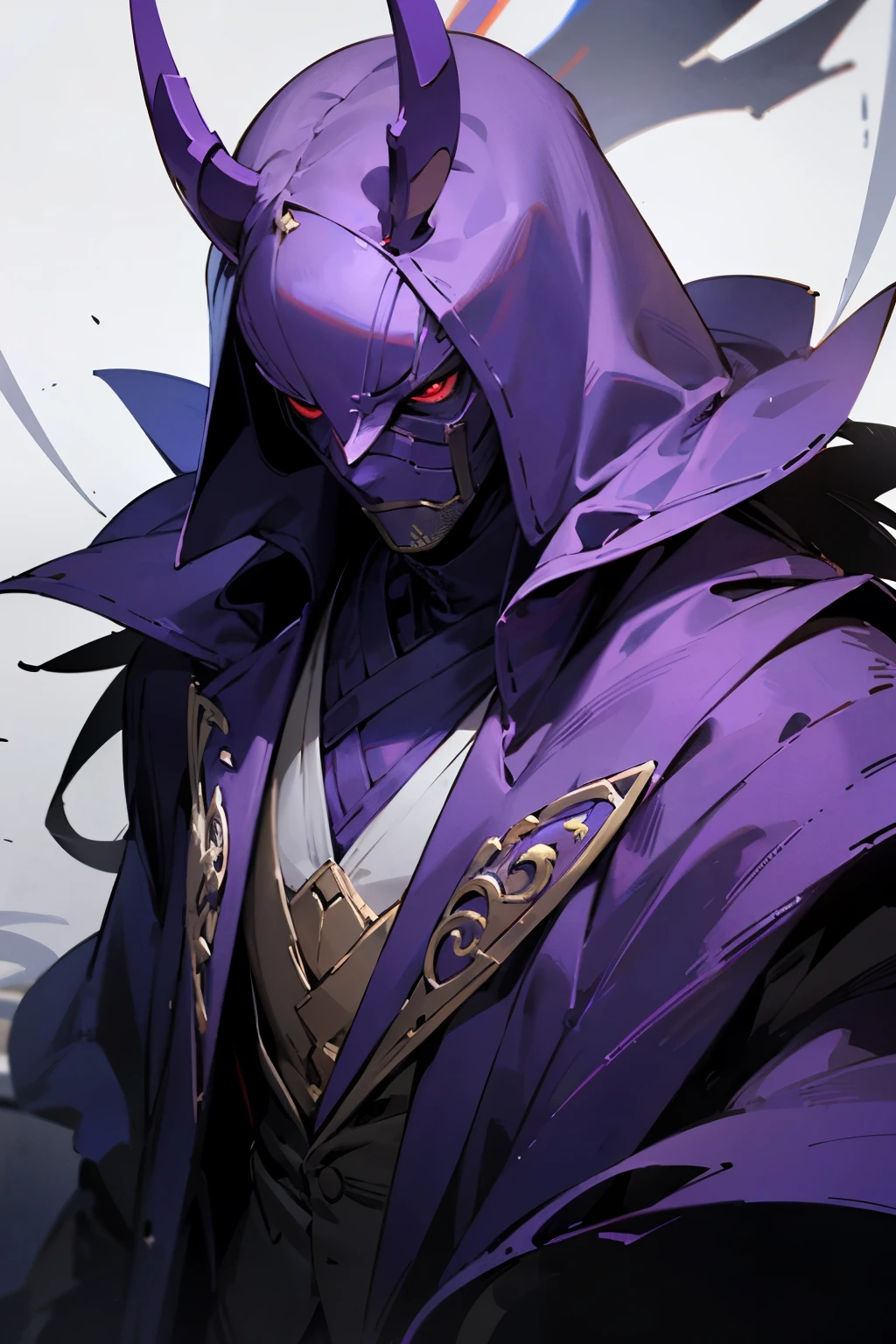 ((best quality)), ((masterpiece)), (detailed), 1boy, purple assassin outfit, red eyes, hidden face