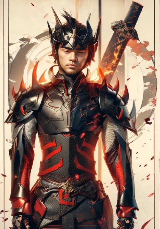 (ultra realistic,32k, masterpiece:1.2),(high detailed skin:1.1),( high quality:1.1),
1boy,(caucasian european), black hair,  with cyberpunk samurai armor,  cute, 18 years old, european caucasian), beautiful decourations, 8k, uhd, masterpiece, katana in the back, kanjis, (metal black armor with red and orange decourations), fire themed armor, light effects