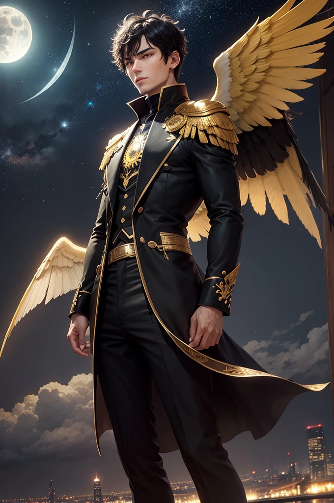 a man, short black hair, bright yellow eyes, golden wings. a city, night, starry sky, bright moon