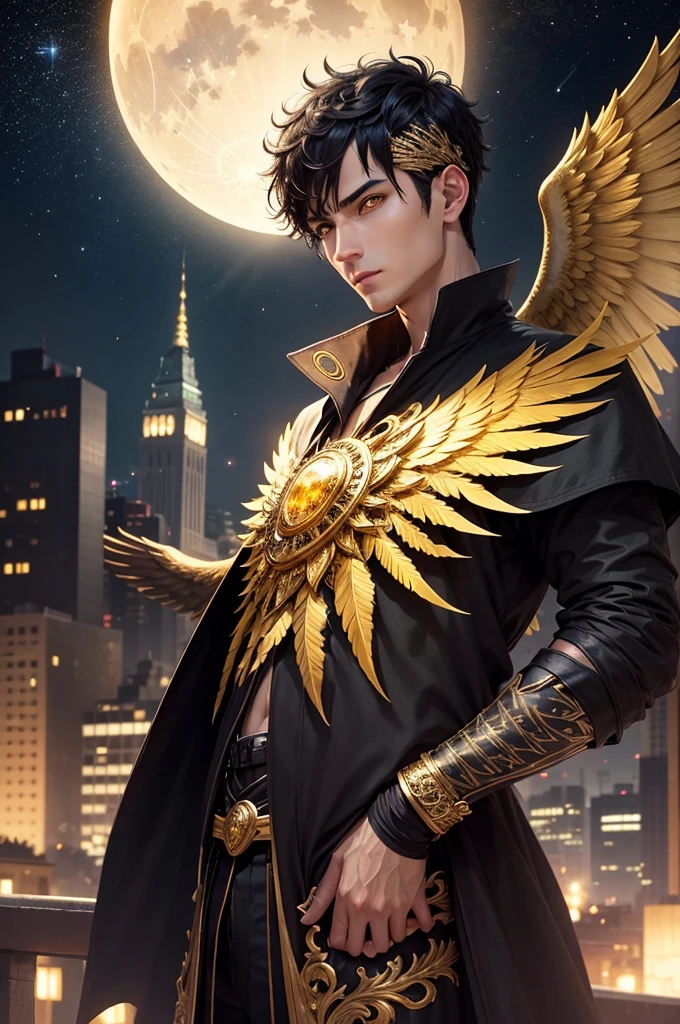 a man, short black hair, bright yellow eyes, golden wings. a city, night, starry sky, bright moon