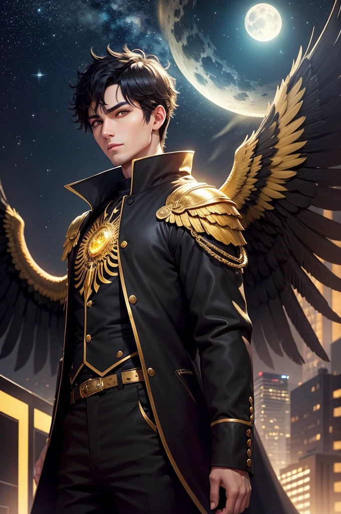 a man, short black hair, bright yellow eyes, golden wings. a city, night, starry sky, bright moon