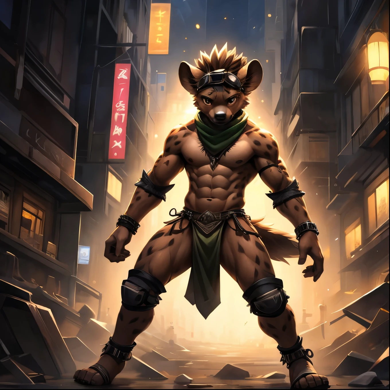 No lighting deep shadows, masterpiece, high quality, Empty, Solitary, teenager 毛茸茸, hairy, teenager, hyena, Only has spiky brown hair on head, collar, Brown eyes, goggles, Black loincloth, green scarf, Elbow pads, Knee pads, masterpiece, Have muscles, Detailed hands, Delicate face, delicate eyes, Detailed body, Flat body, Skinny, paw, high resolution, Metal bracelet on wrist, metal handcuffs on ankles, No shirt, No underwear, Crowded city, night, Lean forward, kenkert&#39;s art