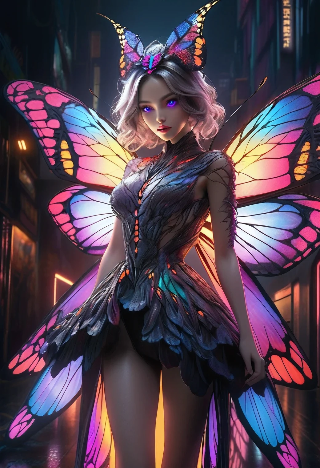 butterfly wings, an artificial lifeform female monster, hyper realistic, highly detailed, cinematic lighting, dark fantasy, 1girl, beautiful detailed eyes, beautiful detailed lips, extremely detailed face, long eyelashes, sharp claws, glowing eyes, intricate insect details, neon lights, moody atmosphere, dramatic shadows, vibrant colors, cinematic composition, full-body