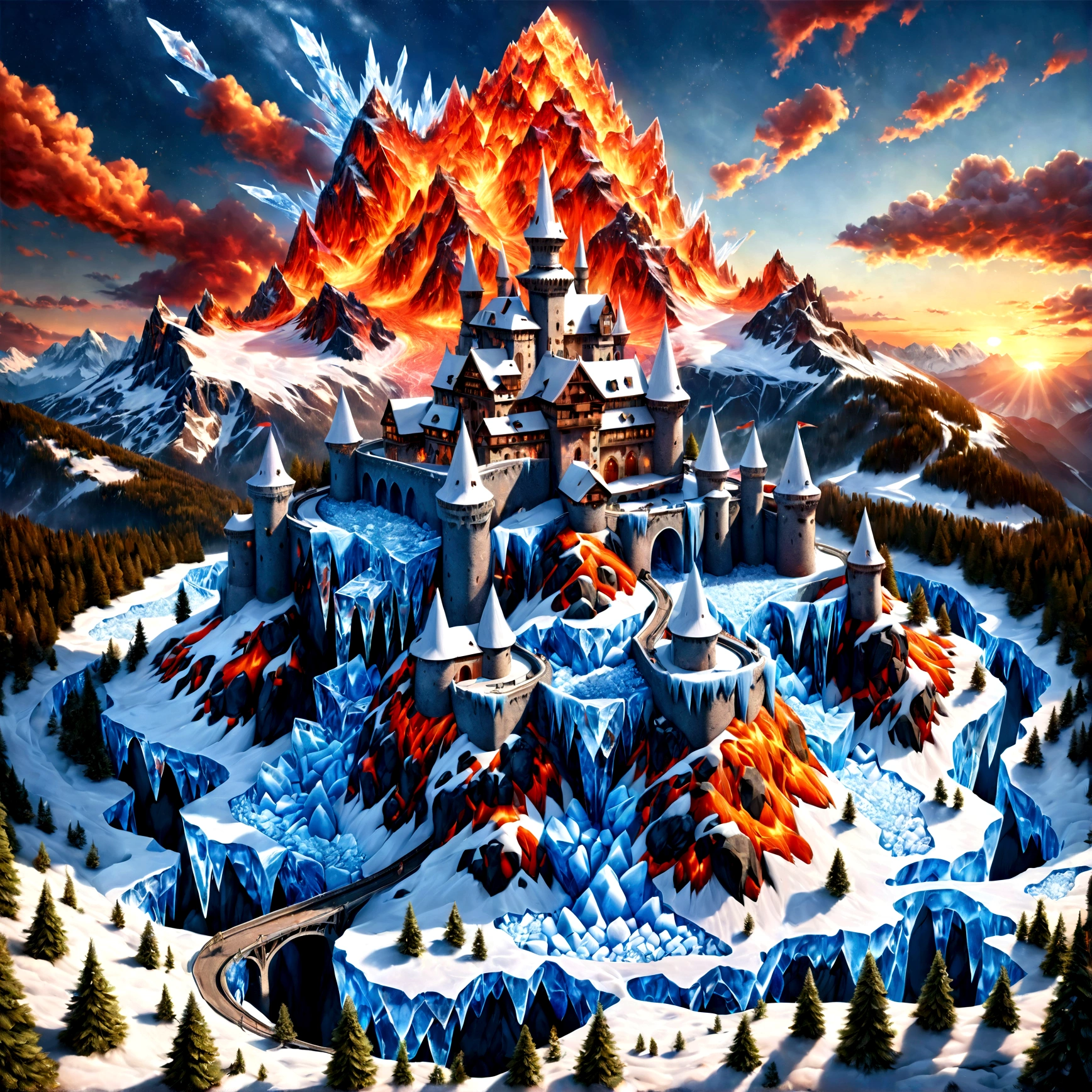 a panoramic award winning photography, Photorealistic, extremely detailed of a castle made from (ice: 1.3) made_of_ice standing on the peak of a snowy mountain, an impressive best detailed castle made from ice (Photorealistic, extremely detailed), with towers, bridges, a moat filled with lava (Photorealistic, extremely detailed),  standing on top of a snowy mountain (masterpiece, extremely detailed, best quality), with pine trees, sunset light, some clouds in the air,  alpine mountain range background, best realistic, best details, best quality, 16k, [ultra detailed], masterpiece, best quality, (extremely detailed), ultra wide shot, photorealism, depth of field, faize, raging nebula