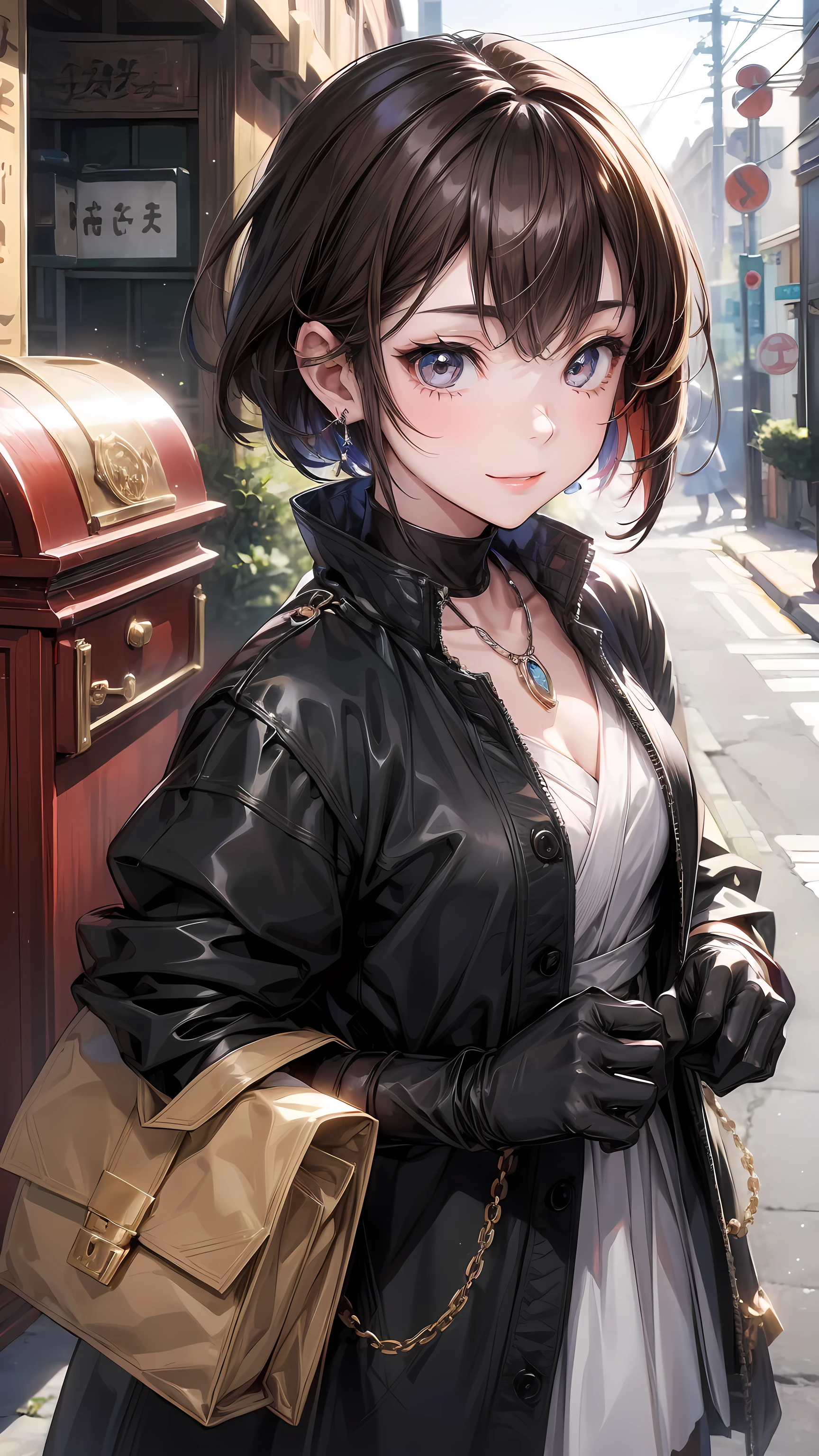 1 Girl, Japanese cartoons_dyeing, Black_Eye, Black_Gloves, Brown_hair, Necklace, earrings, Gloves, Jewelry, letterbox, Parody, short_hair, Smile, Solitary, style_Parody,  