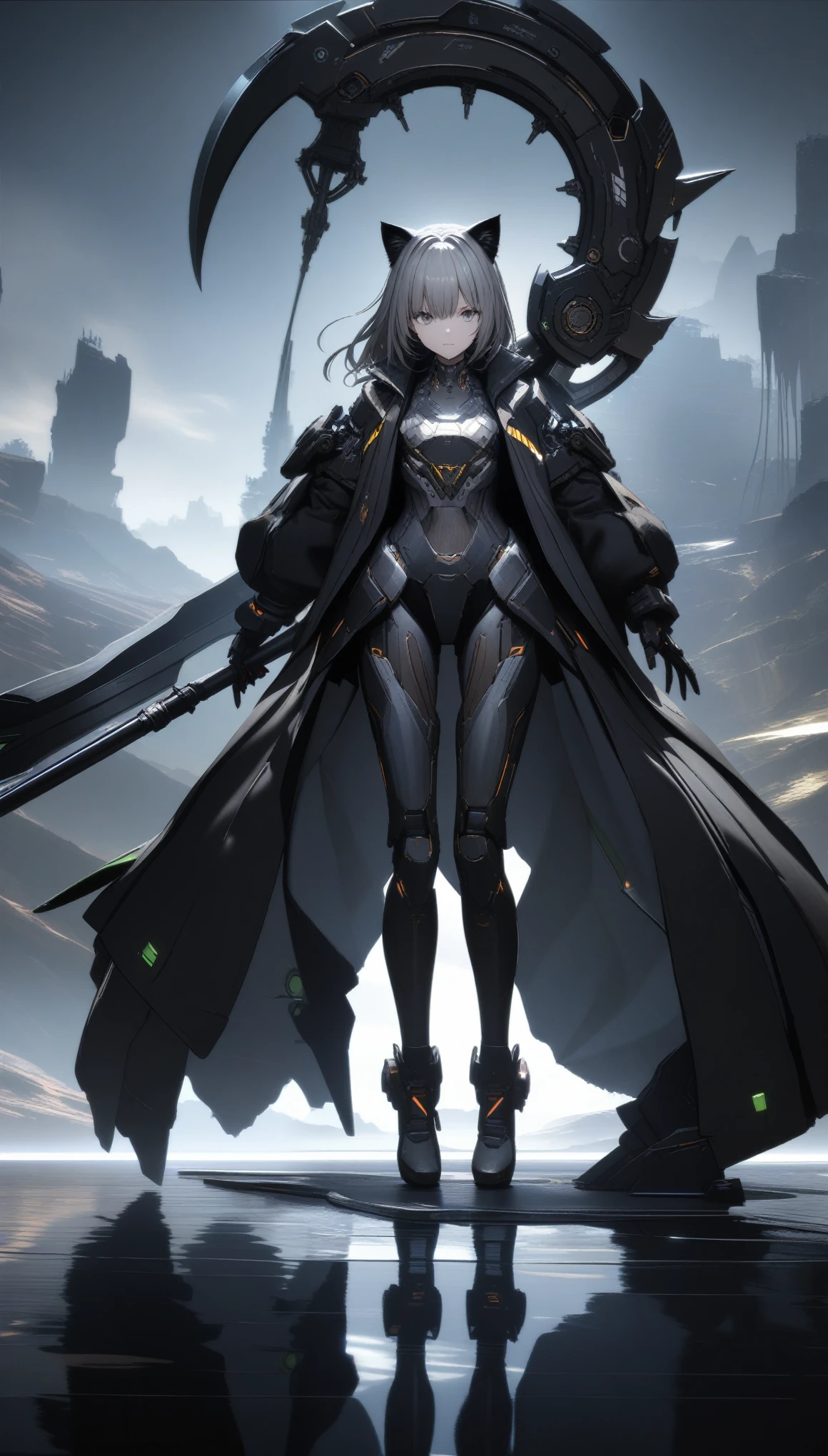 32k, best quality, ultra high res, HDR, UHD, extremely detailed CG, unity 32k wallpaper, A dark, futuristic, silhouetted figure of a girl with cat ears and a long, flowing coat, holding a massive scythe with a mechanical cat integrated into the blade, standing on a reflective surface with a minimalist, light gray background. --ar 4:3 --stylize 600 --niji 6,