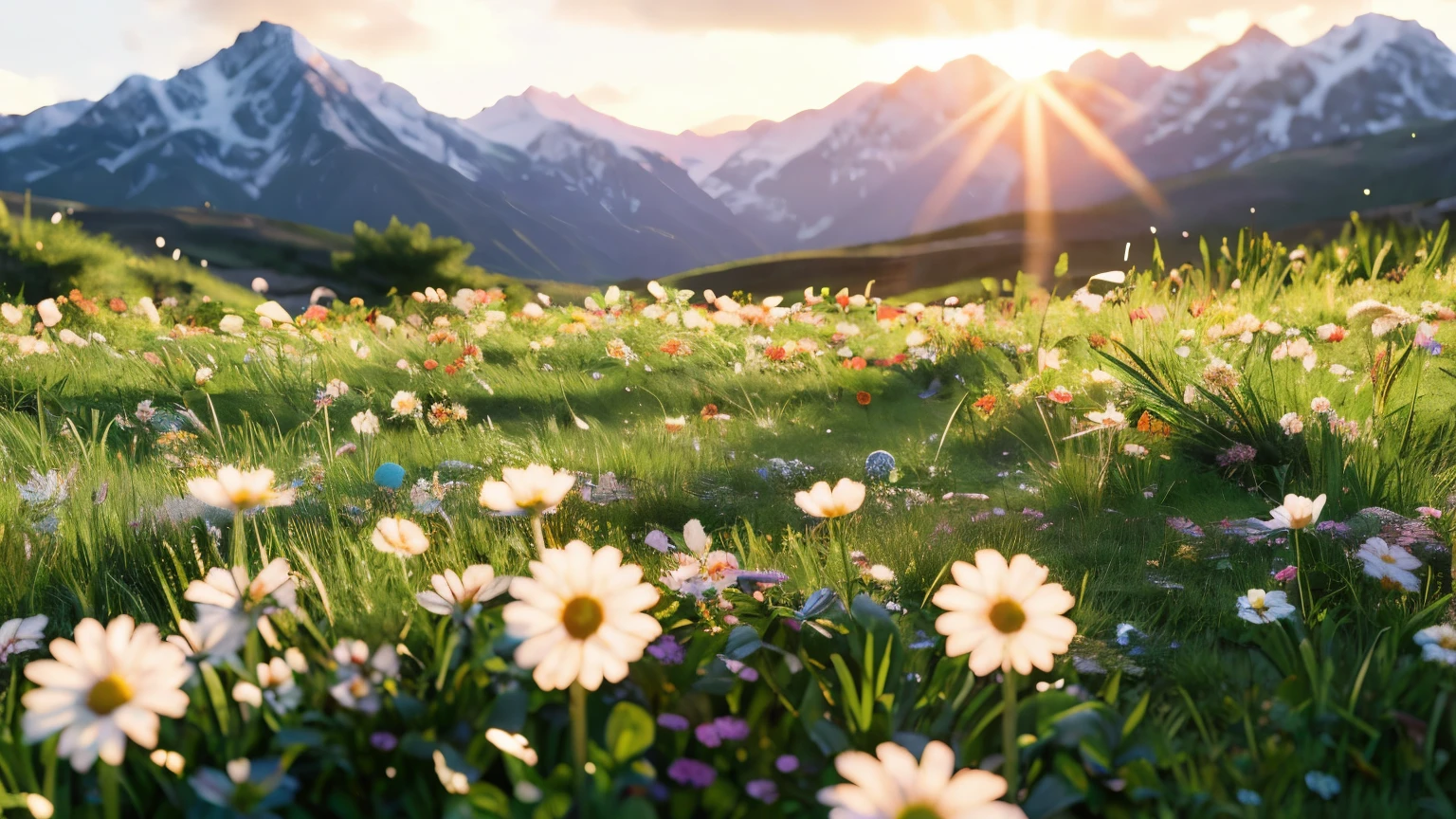 (masterpiece:1.2),best quality,High resolution,Extremely detailed CG,Perfect lighting,8k wallpaper,E-commerce photography,close up,Bokeh,On a meadow,blue_Sky,White Cloud,Flowers,moss,beautiful scenery,dreamlike,Bright colors,caodi,landscape,