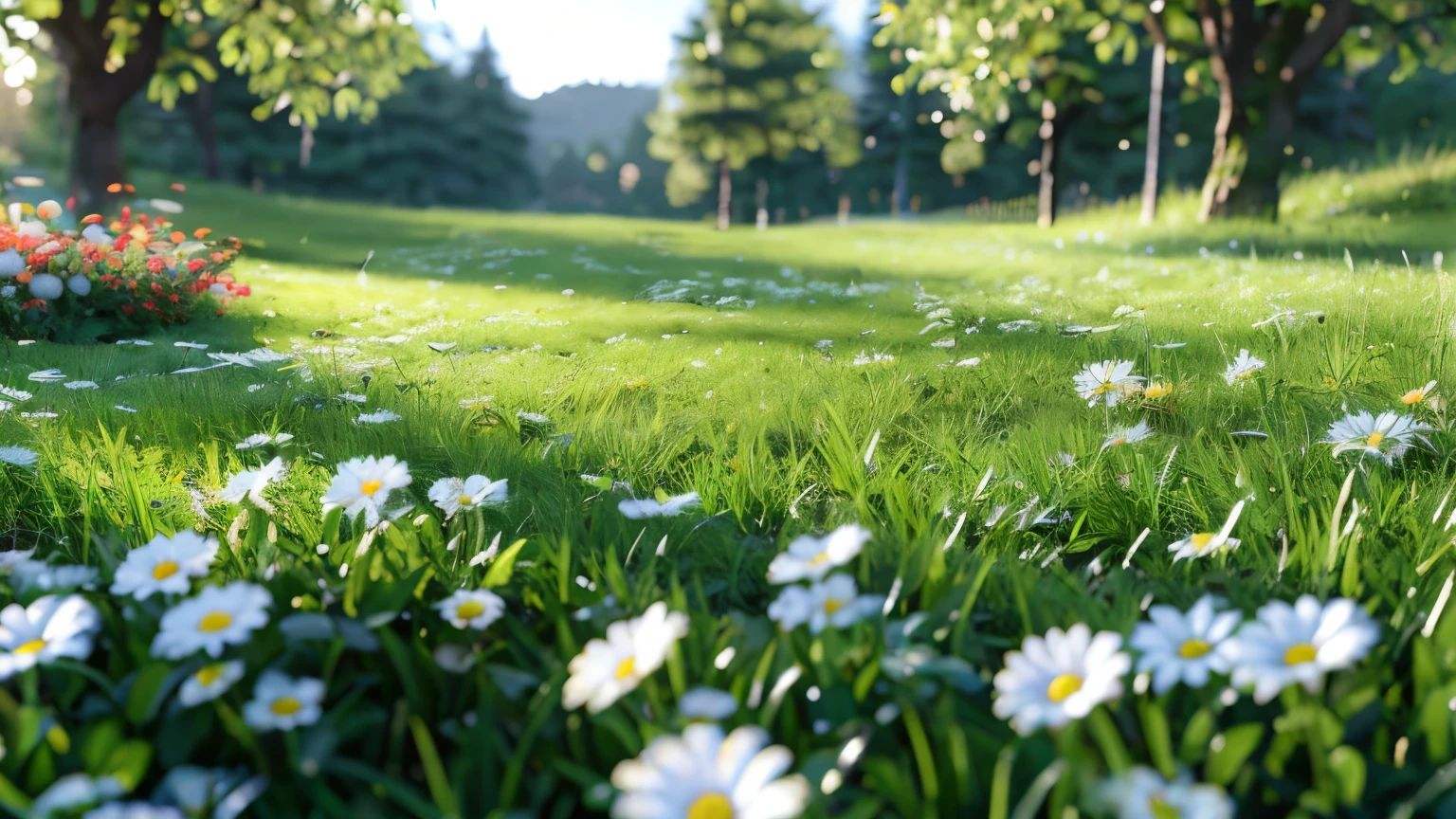 (masterpiece:1.2),best quality,High resolution,Extremely detailed CG,Perfect lighting,8k wallpaper,E-commerce photography,close up,Bokeh,On a meadow,blue_Sky,White Cloud,Flowers,moss,beautiful scenery,dreamlike,Bright colors,caodi,landscape,