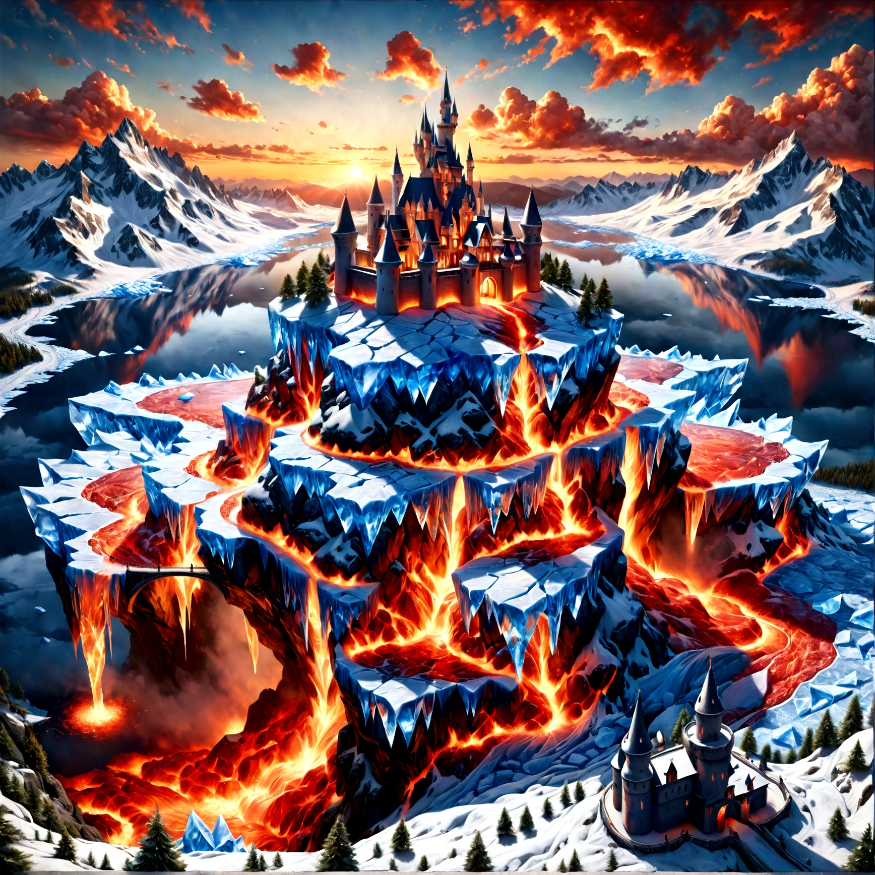 a panoramic award winning photography, Photorealistic, extremely detailed of a castle made from (ice: 1.3) made_of_ice standing on the peak of a snowy mountain, an impressive best detailed castle made from ice (Photorealistic, extremely detailed), with towers, bridges, a moat filled with lava (Photorealistic, extremely detailed),  standing on top of a snowy mountain (masterpiece, extremely detailed, best quality), with pine trees, sunset light, some clouds in the air,  alpine mountain range background, best realistic, best details, best quality, 16k, [ultra detailed], masterpiece, best quality, (extremely detailed), ultra wide shot, photorealism, depth of field, faize, raging nebula