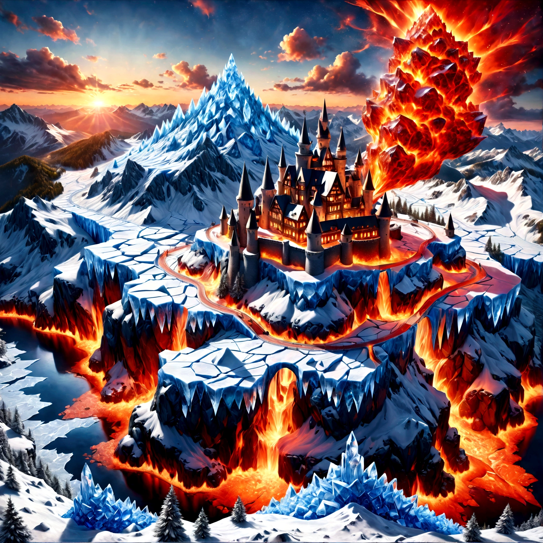 a panoramic award winning photography, Photorealistic, extremely detailed of a castle made from (ice: 1.3) made_of_ice standing on the peak of a snowy mountain, an impressive best detailed castle made from ice (Photorealistic, extremely detailed), with towers, bridges, a moat filled with lava (Photorealistic, extremely detailed),  standing on top of a snowy mountain (masterpiece, extremely detailed, best quality), with pine trees, sunset light, some clouds in the air,  alpine mountain range background, best realistic, best details, best quality, 16k, [ultra detailed], masterpiece, best quality, (extremely detailed), ultra wide shot, photorealism, depth of field, faize, raging nebula