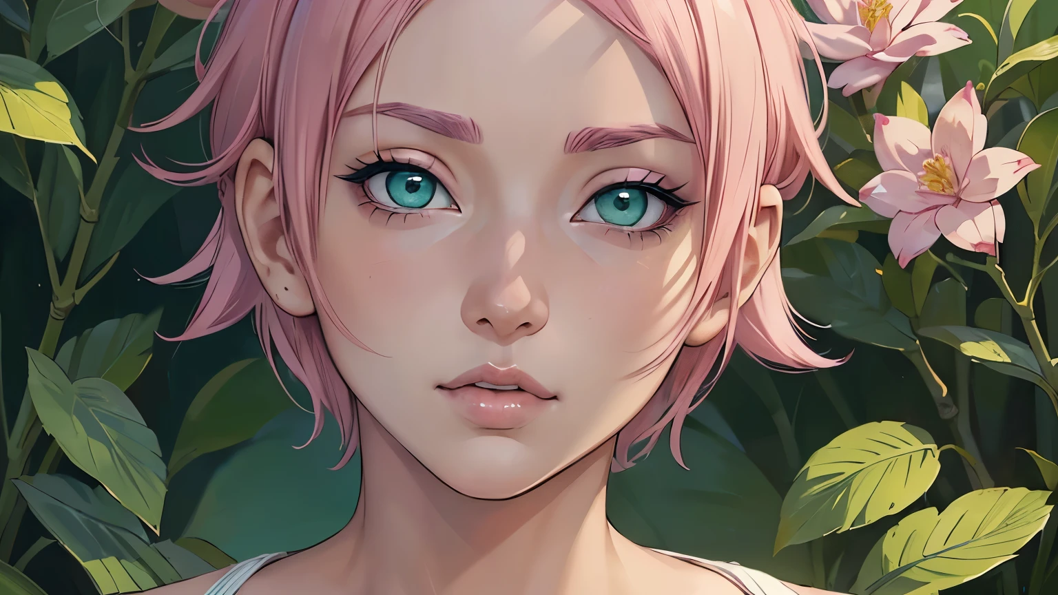 ((ultra quality)), ((masterpiece)), Haruno Sakura, Naruto Shippuden, ((pink short hair)), (beautiful cute face), (beautiful female lips), Charming, ((sexy facial expression)), looks at the camera, eyes slightly open, (skin color white), (blue skin), glare on the body, ((detailed beautiful female eyes)), ((green eyes)), (juicy women&#39;s lip liner), (beautiful female hands), ((ideal female figure)), ideal female body, beautiful waist, gorgeous thighs, beautiful small breasts, ((thin and beautiful)), sits seductively (face close up), (Sakura Haruno&#39;s clothes, black skinny shorts, leggings, Hidden Leaf Village Shinobi Clothes) background: hidden leaf village, Naruto shippuden, ((depth of field)), ((clear high quality image)), (Clear details), ((high detail)), really, professional photo shoot, ((Clear Focus)), anime