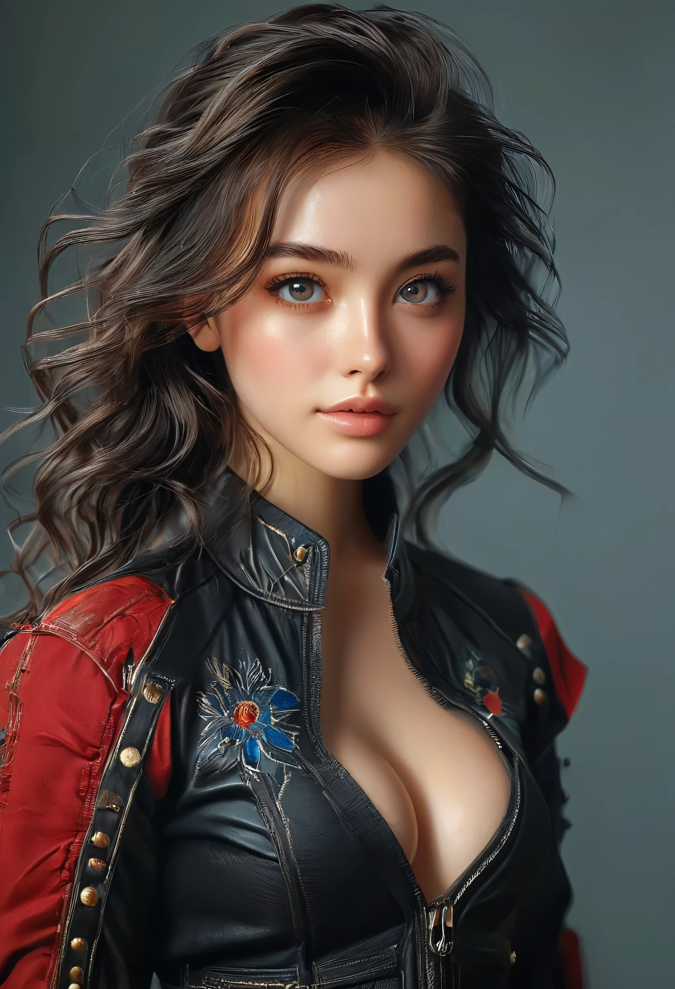 (best quality,4k,8k,highres,masterpiece:1.2),ultra-detailed,(realistic,photorealistic,photo-realistic:1.37),1girl, highly detailed, masterpiece, (best quality, 8k, masterpiece:1.2), ultra-detailed, extremely detailed, masterclass, highest quality, illustration, hair, eyes, perfect lighting, cowboy shot, CV16, black jacket