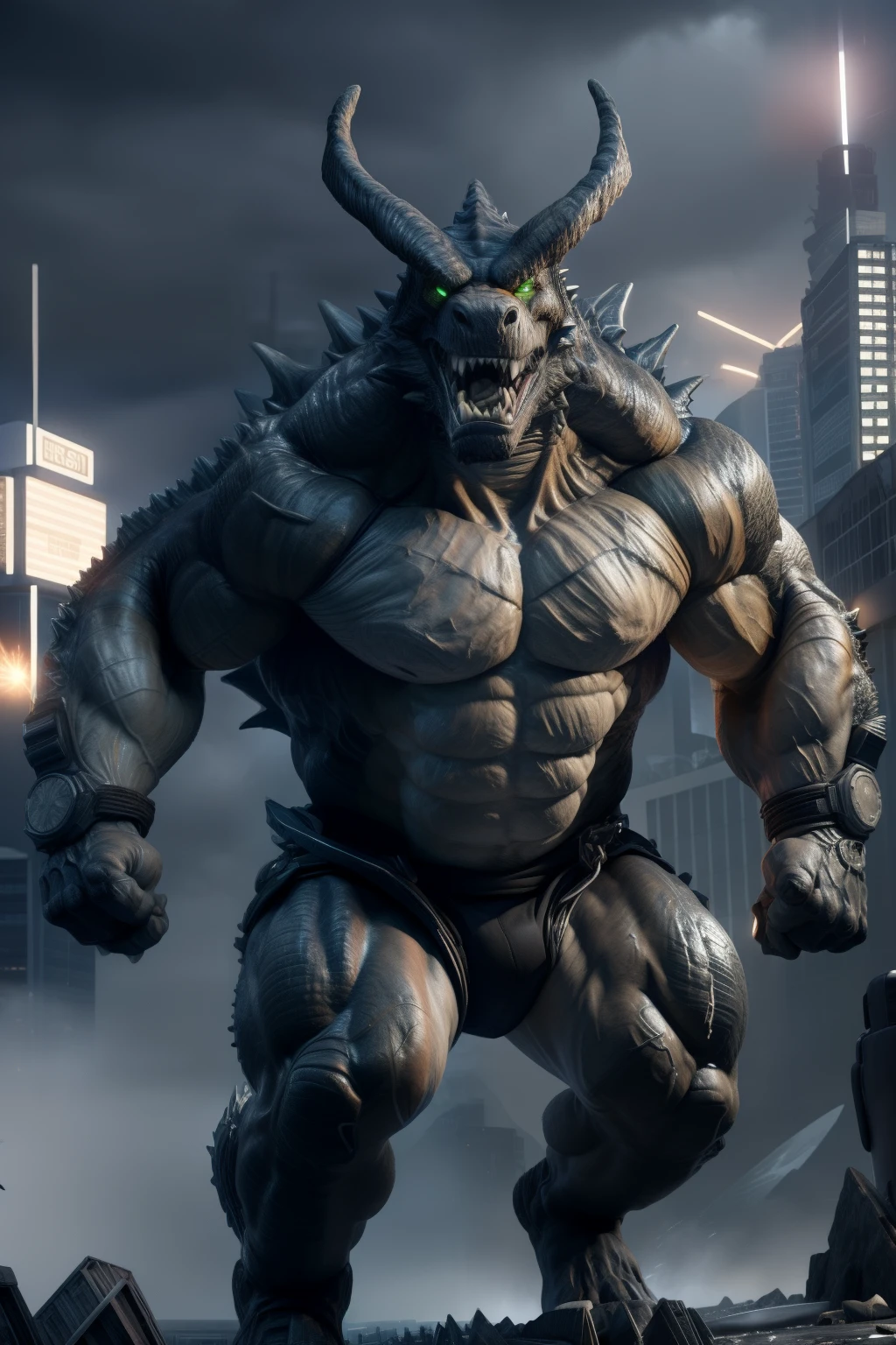 Create a Godzilla in a dynamic, full-body pose, emitting radiant lasers from his menacing mouth. Portray an expression of untamed fury and power on his detailed face, with his sharp, green eyes blazing with intensity. The monstrous figure sports a muscular build, bulging with raw strength. The scene is set against a city backdrop at night, with dramatic cityscapes in the background, drenched in a cold atmosphere, creating an aura of chaos and destruction.
This 3D render masterpiece is trending on ArtStation, boasting ultra-detailed textures and realistic elements, such as intricate scale patterns and rough skin texture. The laser