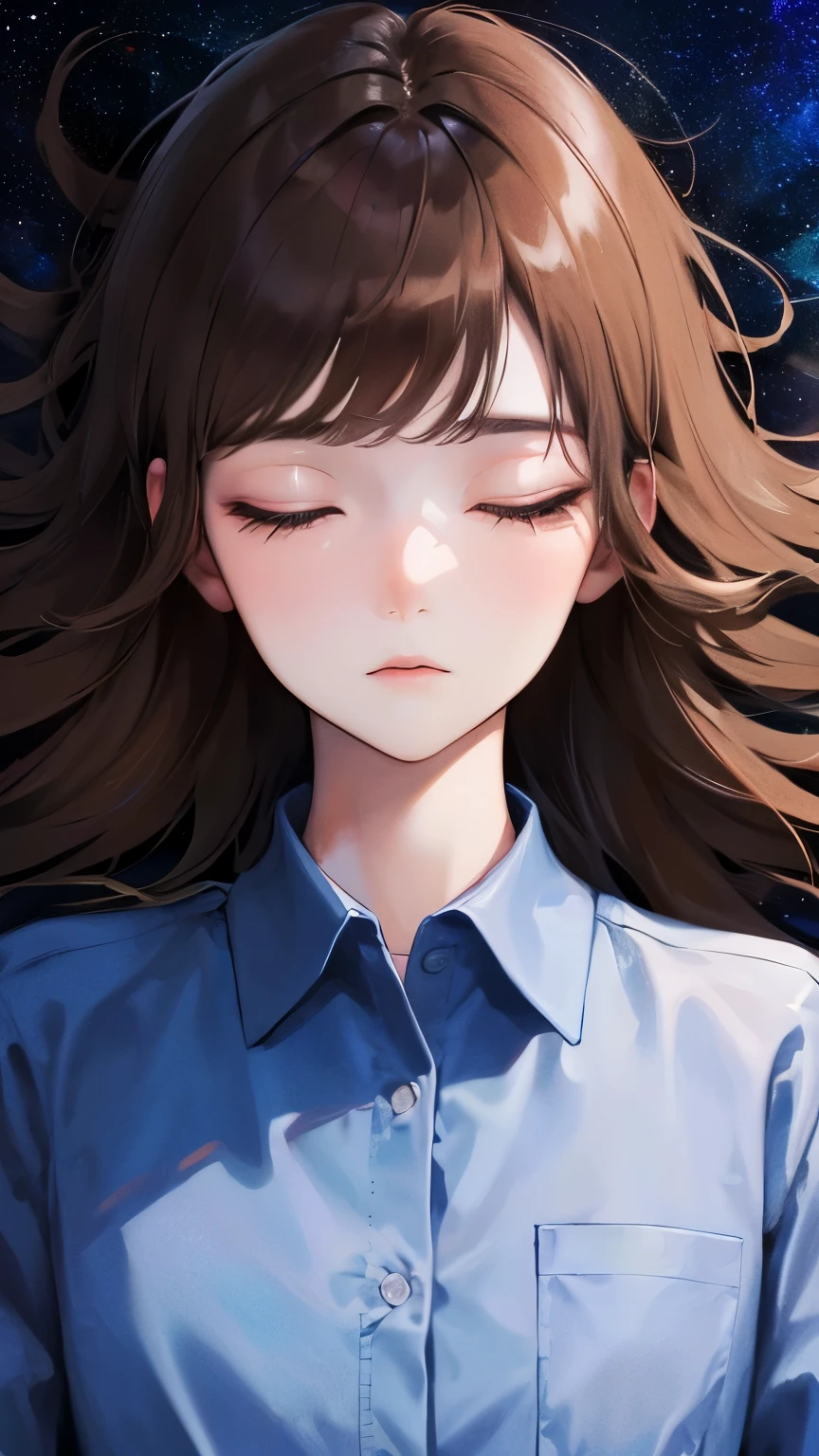 (((Are sleeping)))、(((Top view)))、((1 person)),Masterpiece,best quality, ((darkness)), ,((Dark blue shirt))、((Space Background))、((Expressionless)),determined expression, Upper body diagram、 (Highest Resolution、Clear_image)、Best Quality、Light and shadow contrast、((dark))、Very detailed、Semi-realistic、Semi-long hairstyle、Brown Hair、bangs、19 years old、 Lady,,young、((View from below))、Delicate Facial Features