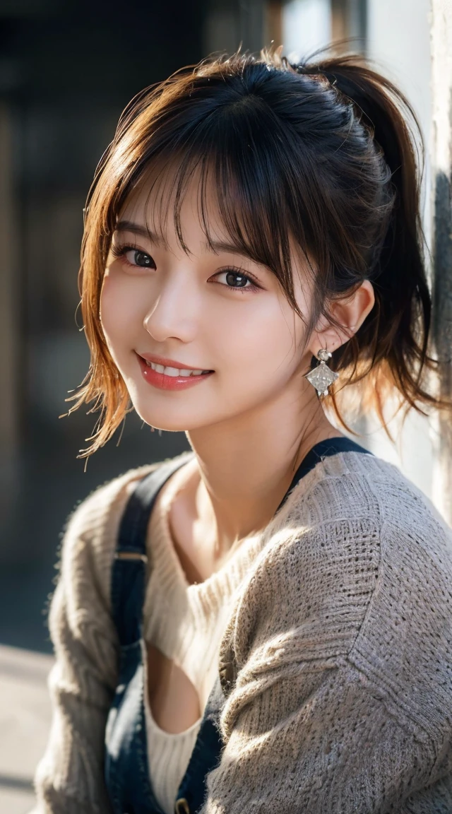 (highest quality, masterpiece:1.3, ultra high resolution), (Super detailed, caustics, 8k), (photorealistic:1.4, RAW shooting), 1 girl, (look at the camera with a smile), 20-year-old, cute, Japanese, gradient hair color, Wolf Bob Kat hairstyle, ponytail hairstyle, Natural lips, (Cropped sweater, ripped jeans), wearing earrings, cleavage, Modern Place Background, bust up shot, face focus, Natural light, Backlight, (A bright light shines from above), (Lens flare), professional writing, perfect bodies, perfect arms, Perfect fingers, perfect legs, perfect hair, pores, Realistic skin texture, perfect teeth, (low position), (Low - Angle)