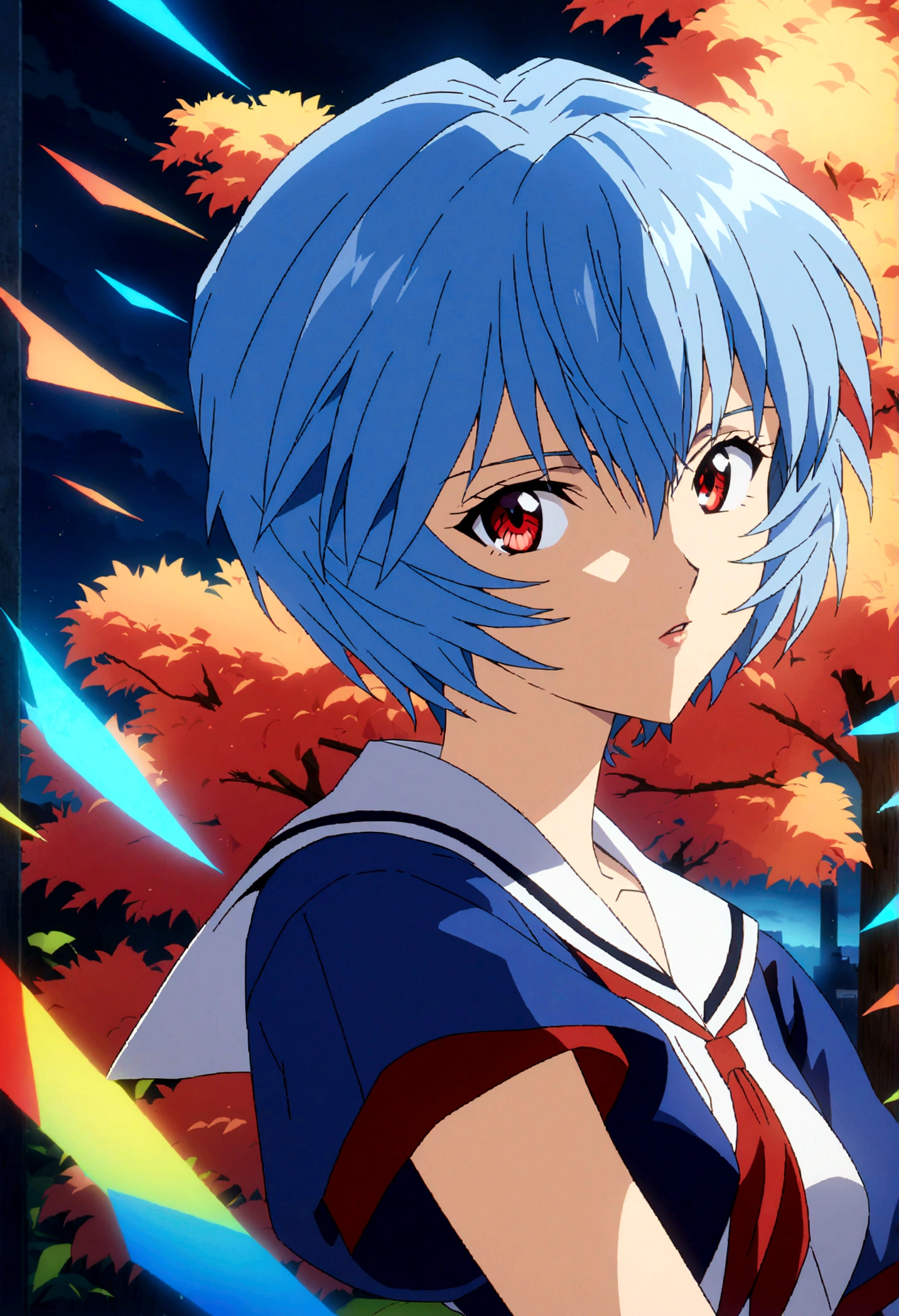 1girl, ayanami rei, neon genesis evangelion, a girl with blue hair and red eyes, anime style, 90s anime, school uniform, kawaii, detailed face, detailed eyes, detailed hair, beautiful detailed eyes, beautiful detailed lips, extremely detailed eyes and face, long eyelashes, dynamic pose, cinematic lighting, 8k, highly detailed, masterpiece, digital painting, vibrant colors, atmospheric, dramatic lighting, anime artwork, anime style, visual, vibrant, studio anime, highly detailed