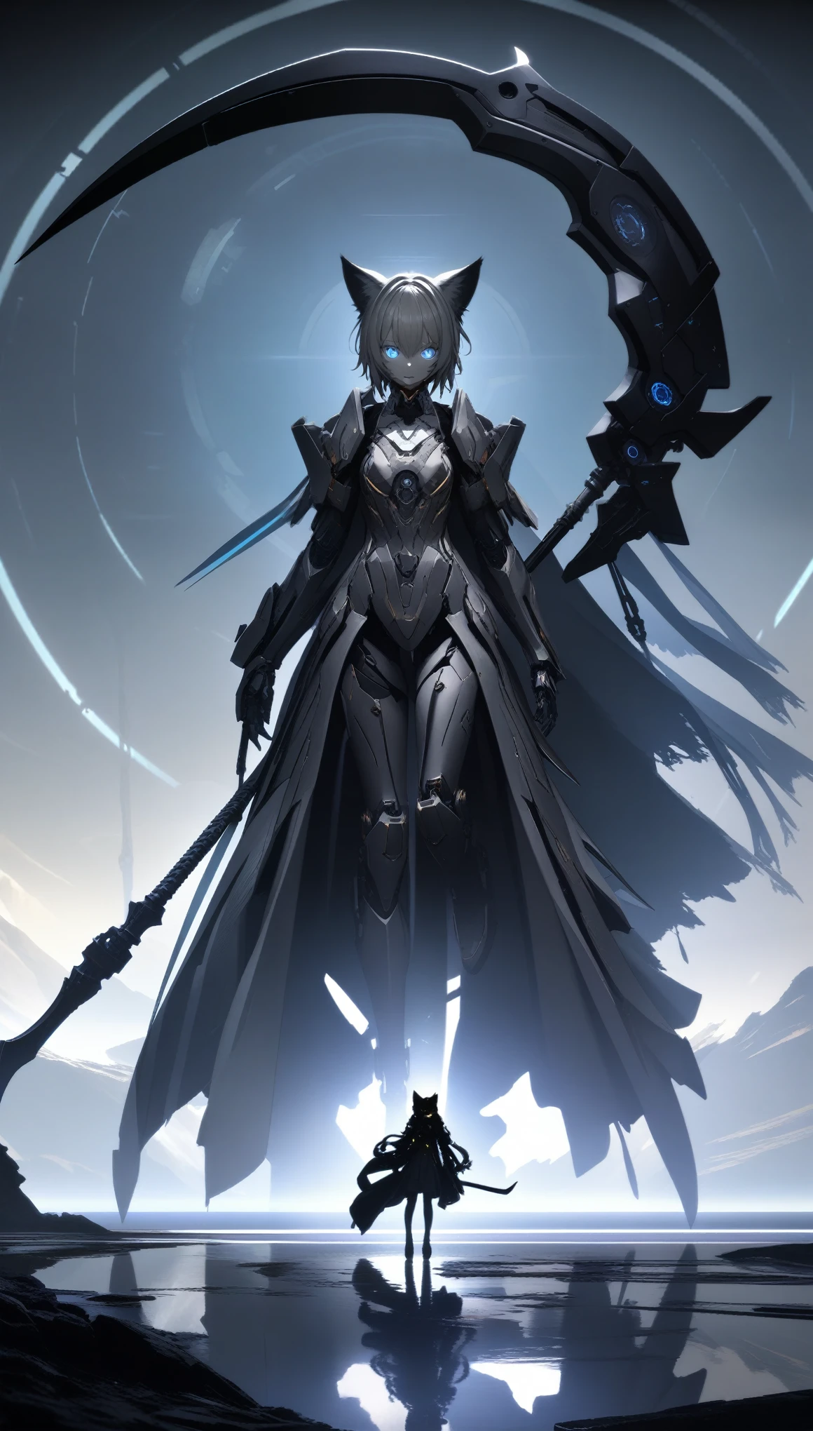 32k, best quality, ultra high res, HDR, UHD, extremely detailed CG, unity 32k wallpaper, A dark, futuristic, silhouetted figure of a girl with cat ears and a long, flowing coat, holding a massive scythe with a mechanical cat integrated into the blade, standing on a reflective surface with a minimalist, light gray background. --ar 4:3 --stylize 600 --niji 6, 