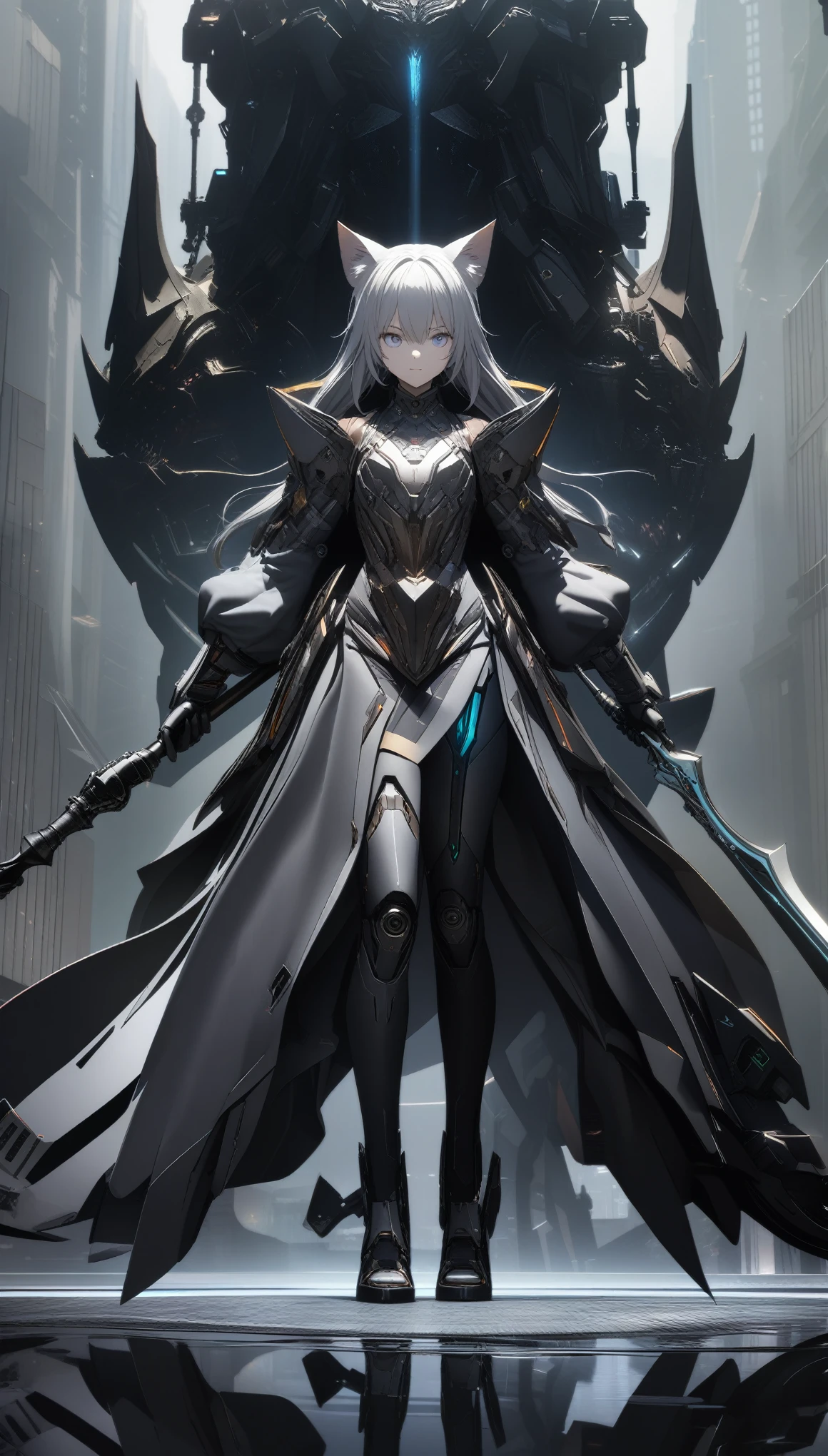 32k, best quality, ultra high res, HDR, UHD, extremely detailed CG, unity 32k wallpaper, A dark, futuristic, silhouetted figure of a girl with cat ears and a long, flowing coat, holding a massive scythe with a mechanical cat integrated into the blade, standing on a reflective surface with a minimalist, light gray background. --ar 4:3 --stylize 600 --niji 6, 