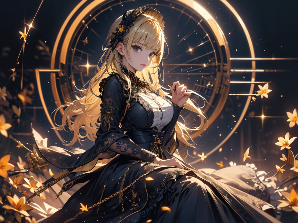 masterpiece, high quality, 4K, Beautiful design, silhouette，blonde， 非常に詳細な夜のStarry Sky,Flower Field， wonderful, Finer details,  Very knowledgeable woman, Highly detailed solo, 1 female,Big Breasts，Gothic Lolita Fashion，Night view，Starry Sky，full moon，