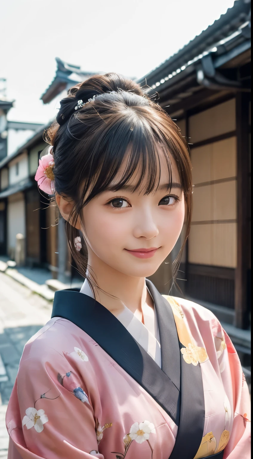 Professional Lighting,(Photorealistic:1.4), (Top image quality:1.0), (超A high resolution:1.0), 8k, Raw photography, (masterpiece:0.2), (Facing the children_v1:0.5)、(最高quality Detail:1.2)、Realistic、8K Ultra HD、High resolution、(1 girl:1.2)、超detailedな、High quality textures、複雑なdetailed、detailed、Very detailed CG、High quality shadows、detailed 美しく繊細な顔、Beautiful details and a delicate eye、(Symmetrical eyes:1.2),Written boundary depth、Ray Tracing,1 girl, Japanese Girls, (Natural smile:1.4),cute, thin, Portrait of a beautiful Japanese woman in a kimono, Standing elegantly on a street corner in Kyoto. Kimono with vibrant traditional patterns, Hair decorated with elegant and delicate hairpins, Gentle expression. (With the old streets of Kyoto in the background:1.4)、The soft light of a spring afternoon、Adding tranquility to the scene. Rendered in a Realistic style with great attention to detail, High resolutionの画像.Sky Porn, Magic Hour, (Realistic:1.3), finely, quality, (Tabletop:1.2), (Realistic:1.2), (最高quality), (複雑なdetailed), dramatic, Ray Tracing, photograph, +roller