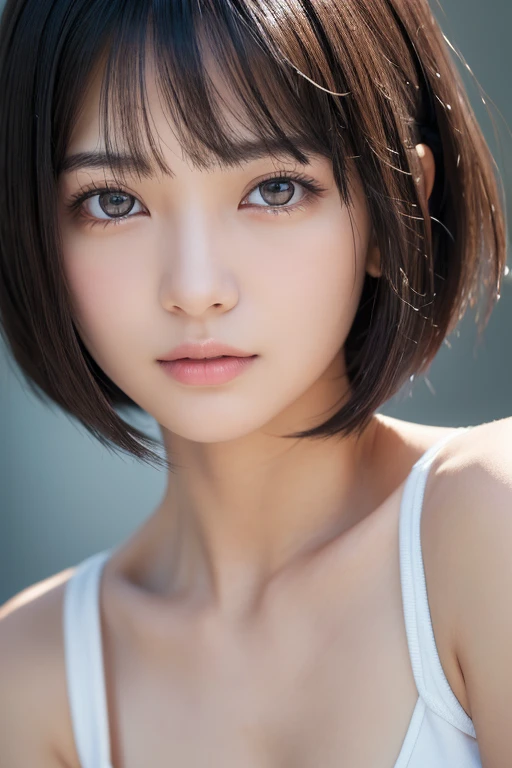 (High resolution:1.3), (16k, Photorealistic, Raw photo, Best image quality: 1.4), Japanese, (One Girl), Beautiful Face, (A vivid face), (Black-haired、short hair:1.3), Beautiful Hairstyles, Realistic eyes, Beautifully detailed eyes, (Realistic Skin), Beautiful skins, attractive, 超A high resolution, Surreal, High detail, Golden Ratio, Highly detailed cute girl,(20-year-old), (Don't look at the camera:1.5)