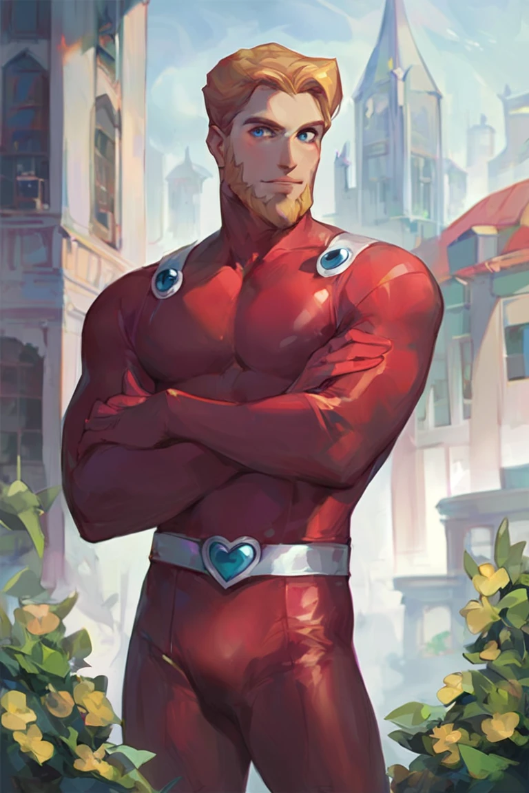 score_9, score_8_up, score_7_up, clover \(totally spies\), blonde hair, short hair, blue eyes, beard, red bodysuit, belt, 1boy, solo, male focus, mature male, looking at viewer, cowboy shot, standing, outdoors, city, building 