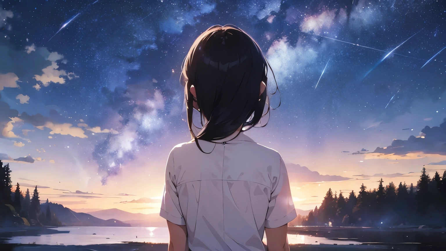 A distant back view、Every time I see your smile overlap with the stars floating in the night sky
