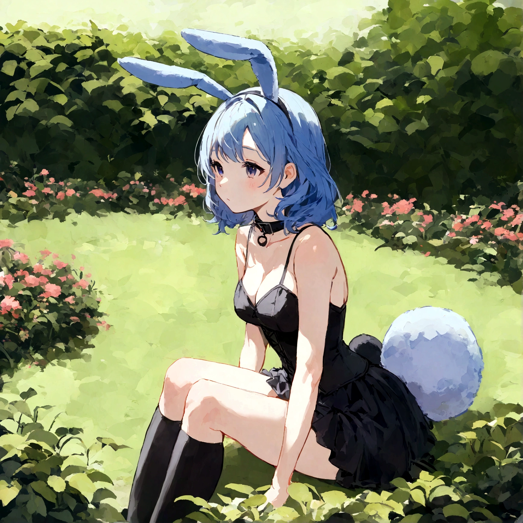 a sexy female with long blue hair, has big fuzzy bunny ears, has a bunny tail, wearing a black corset, wearing a black mini skirt, has a dark blue dog collar on, wearing cute thigh high socks, relaxing on knees, solo, alone, (SOLO)ALONE), no dogs, single girl, on knees, outside in a garden